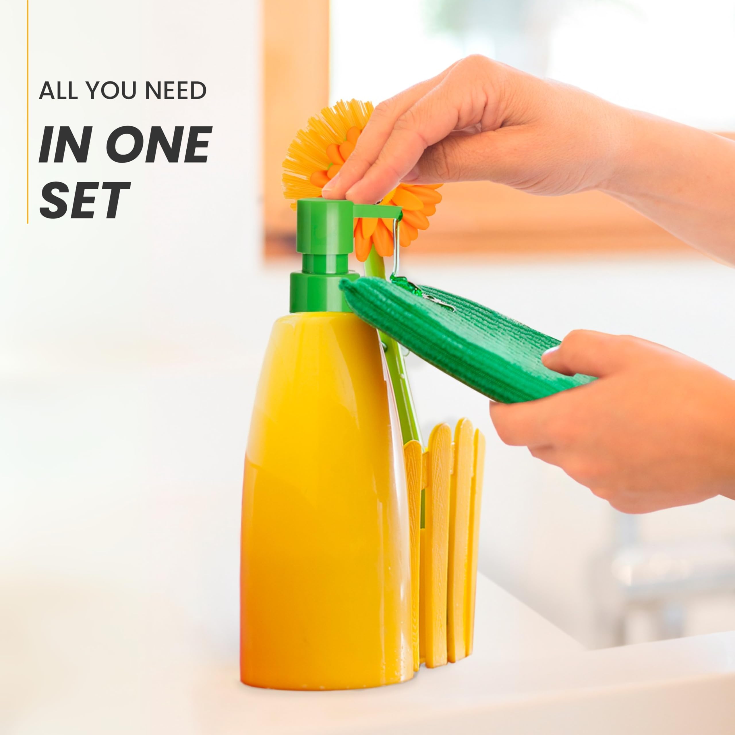 Vigar Flower Power Kitchen Soap Dispenser Set with Sponge Caddy & Dish Brush | Orange & Green Sink Organizer for Efficient Dishwashing