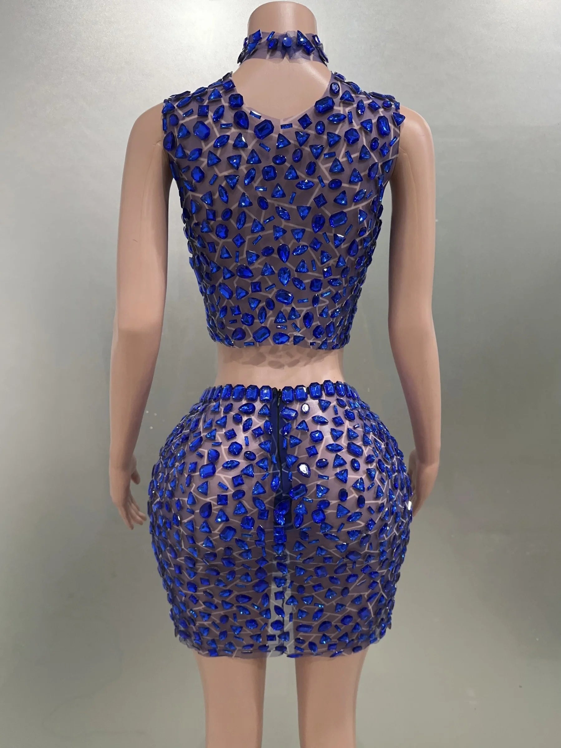 Sexy Crystal Mesh See-Through Mini Bodycon Dress 2 Piece Set for Women - Clubwear, Performance Costume, Birthday Party Outfit & Nightlife Fashion