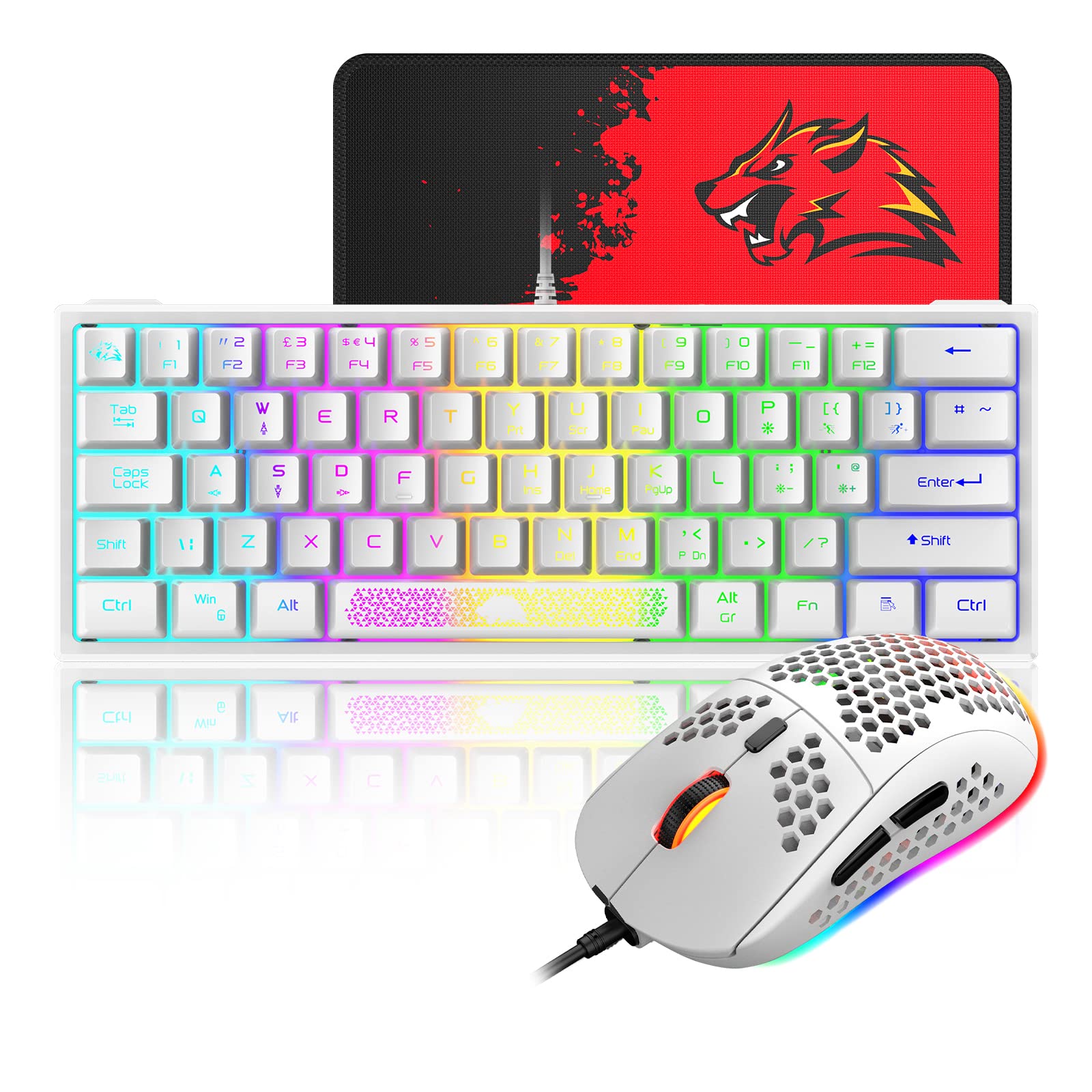 60% RGB Mechanical Feel Gaming Keyboard & 6400 DPI Honeycomb Optical Mouse Combo with LED Backlight - Includes Gaming Mouse Pad | Perfect for PC Gamers, Esports & Office Typists