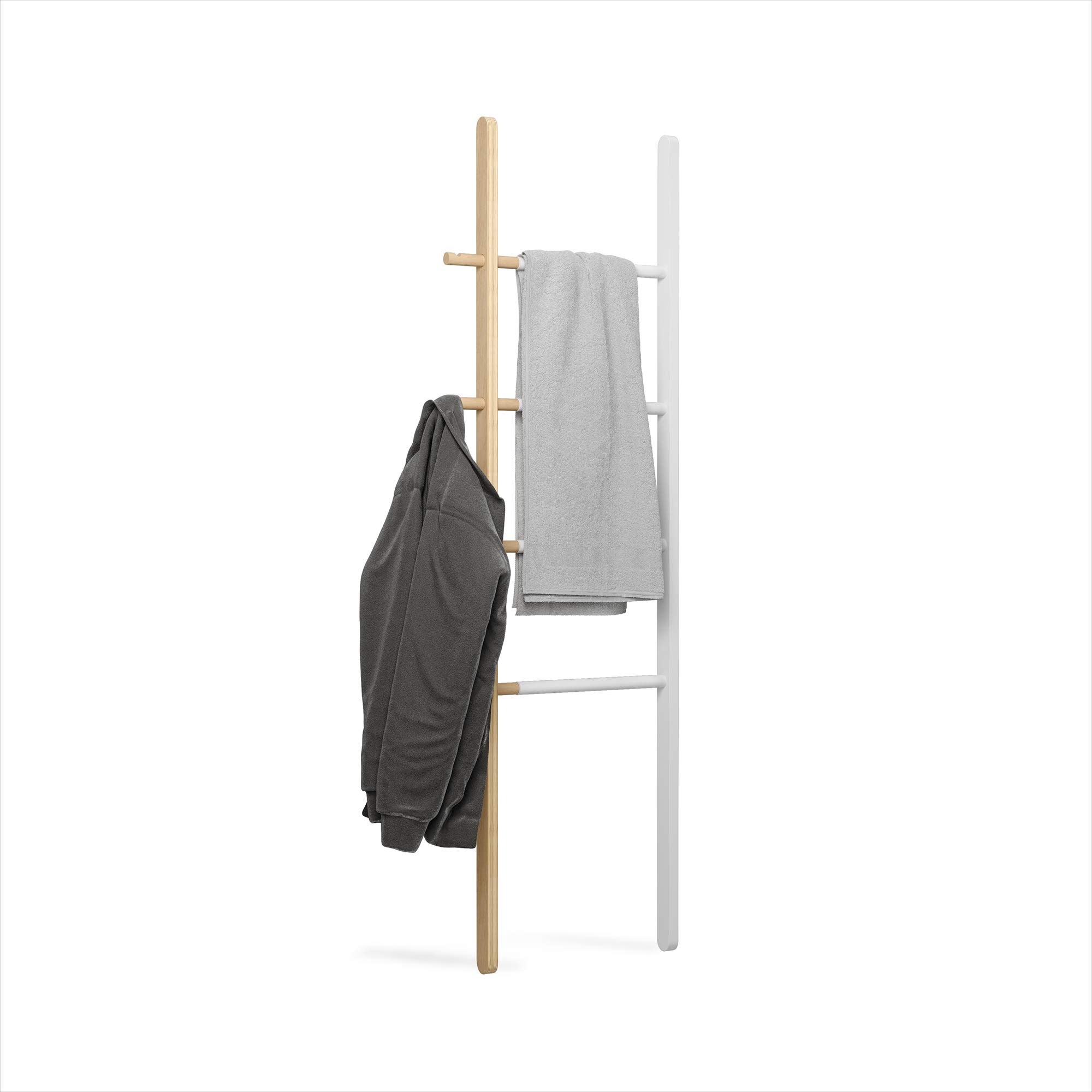 Umbra Hub Ladder - Expandable Freestanding Clothing Rack, Bathroom Towel Holder & Clothes Organizer in White/Natural - Perfect for Bedroom, Laundry Room & Small Space Organization