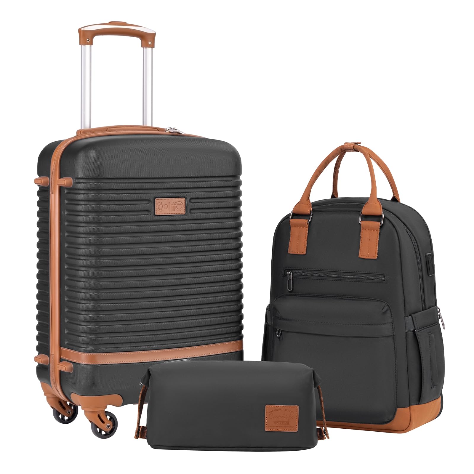 Coolife 3-Piece Hardshell Luggage Set with TSA Lock & Spinner Wheels - Lightweight Carry-On Suitcase for Travel (Black, BP/TB/20) - Perfect for Business Trips, Vacations & Family Getaways