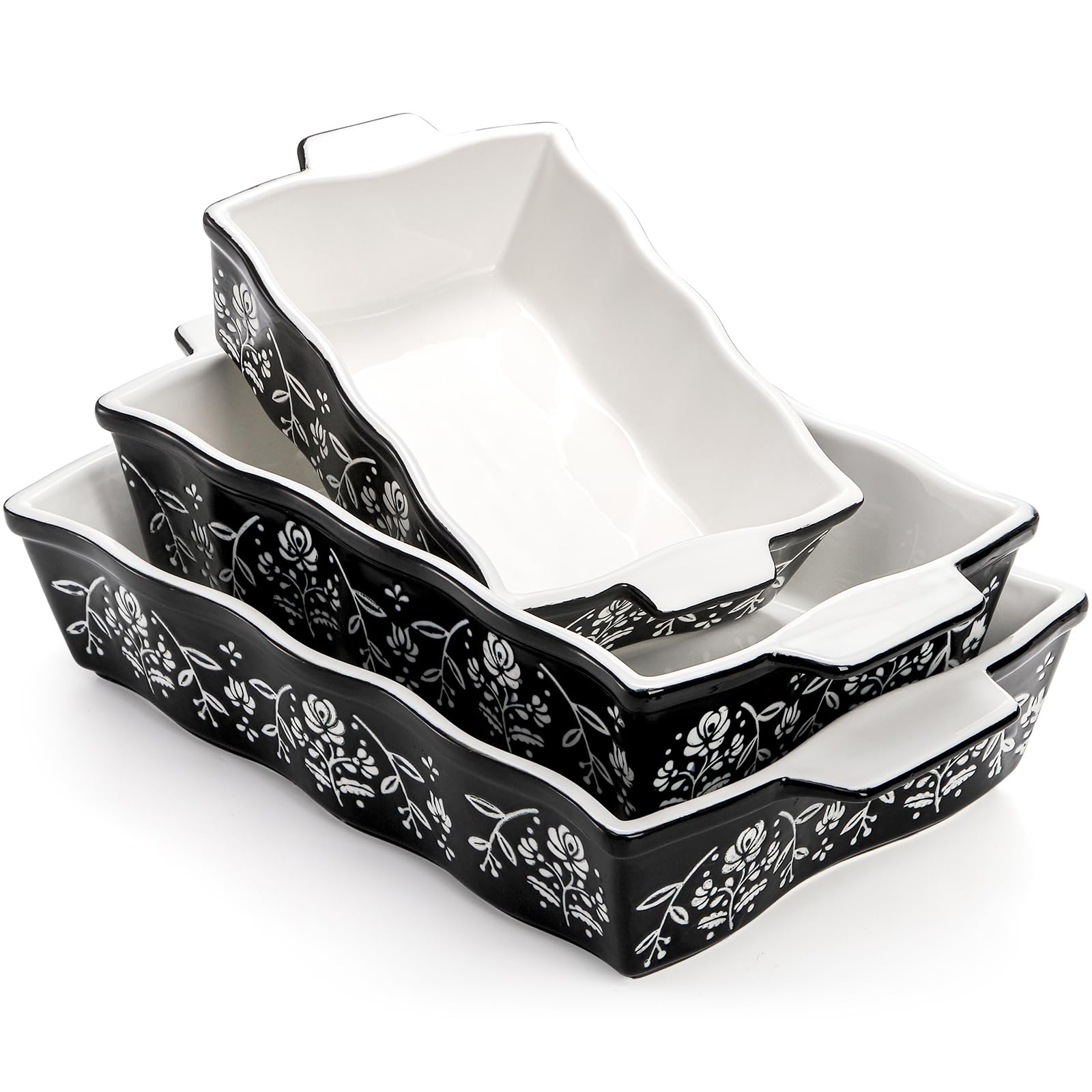 Bekith 3-Piece Ceramic Baking Dish Set with Handles - Oven Safe Rectangular Deep Lasagna Pans, Porcelain Bakeware for Cakes, Casseroles & More - Perfect for Baking, Cooking & Serving (Black & White) - Ideal for Family Dinners, Holiday Meals & Potlucks