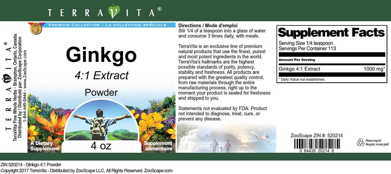 Premium Ginkgo Biloba 4:1 Extract Powder (4 oz) - 100% Pure, Natural Memory & Focus Supplement for Brain Health - Ideal for Tea, Smoothies & Daily Wellness Routine