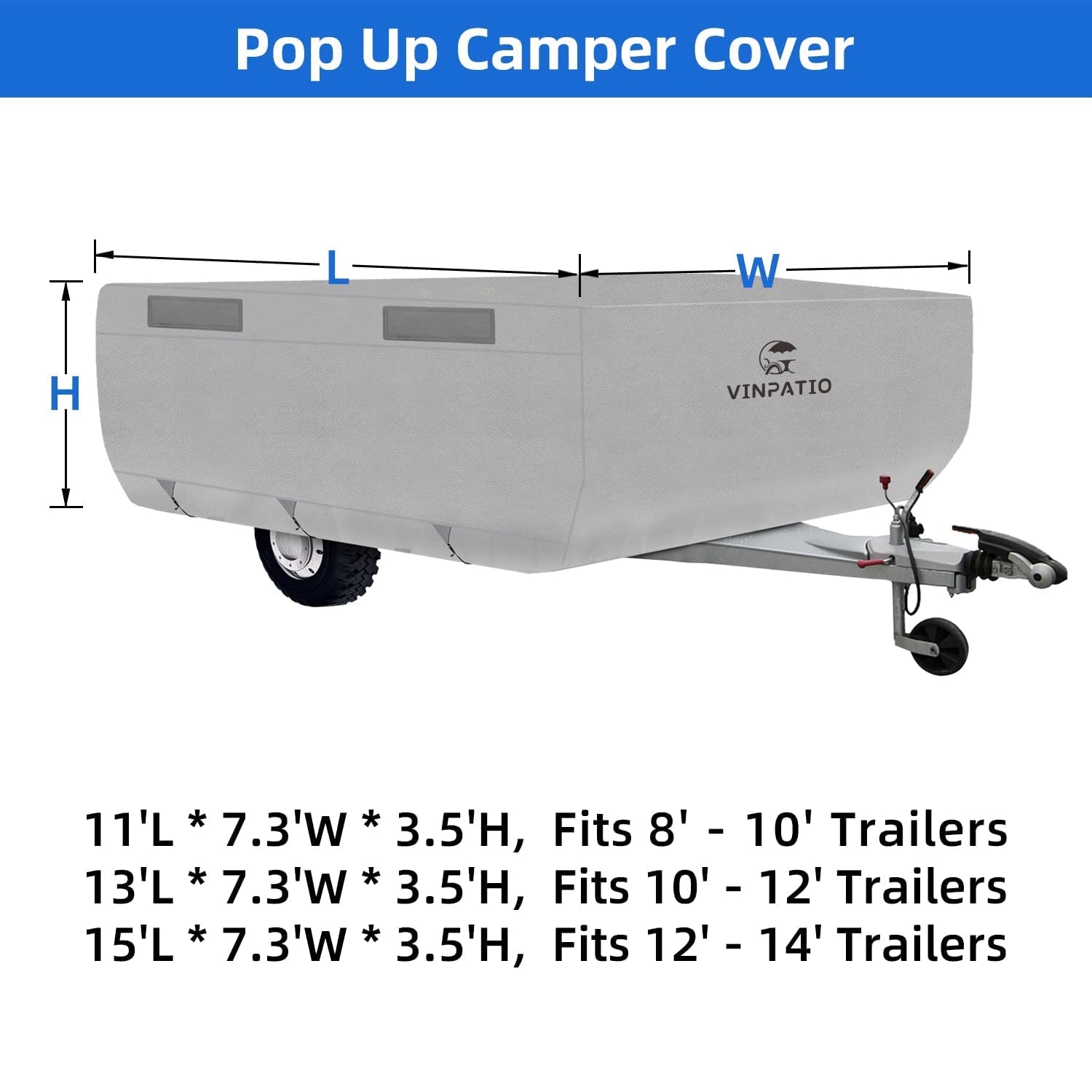 3 Layer Waterproof Pop Up Camper Cover - Heavy Duty Folding Trailer Cover Fits 8'-10' RV Campers (Grey) | All Weather Protection for Outdoor Camping & Storage
