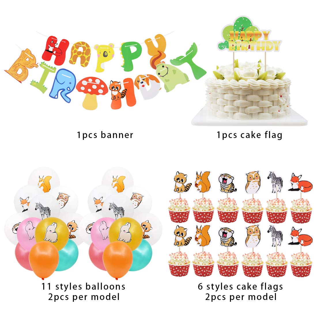 48 Pcs Jungle Animal Birthday Party Decorations - Happy Birthday Banner, Cake Toppers, Food Toothpicks, Latex Balloons (Fox, Rabbit, Raccoon) for Kids Birthday Party Supplies | Perfect for Jungle Theme Parties, Baby Showers & Classroom Decorations