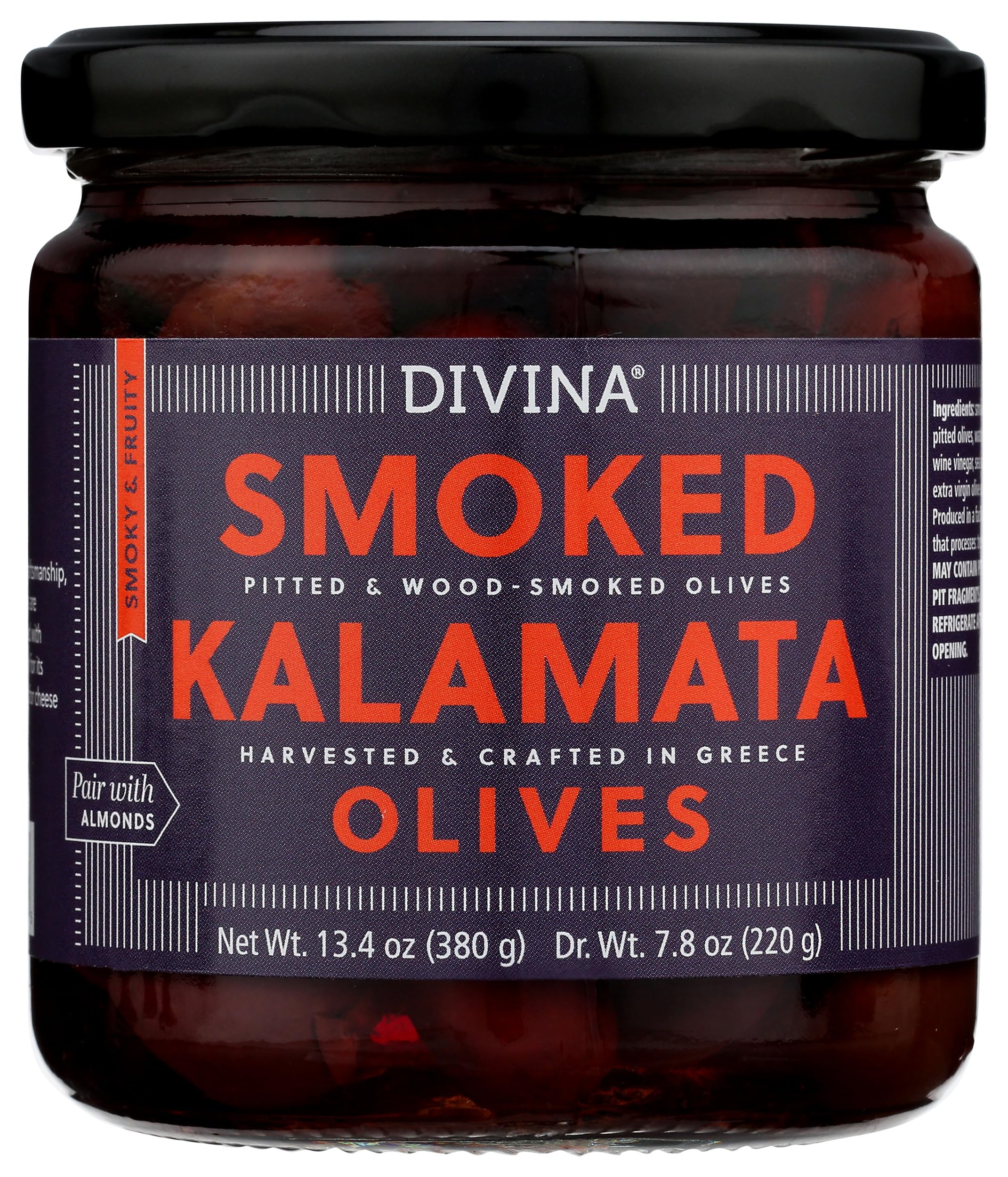 Premium DIVINA Smoked Kalamata Olives - 13.4 oz Jar | Authentic Greek Gourmet Olives | Perfect for Charcuterie Boards, Salads & Mediterranean Recipes