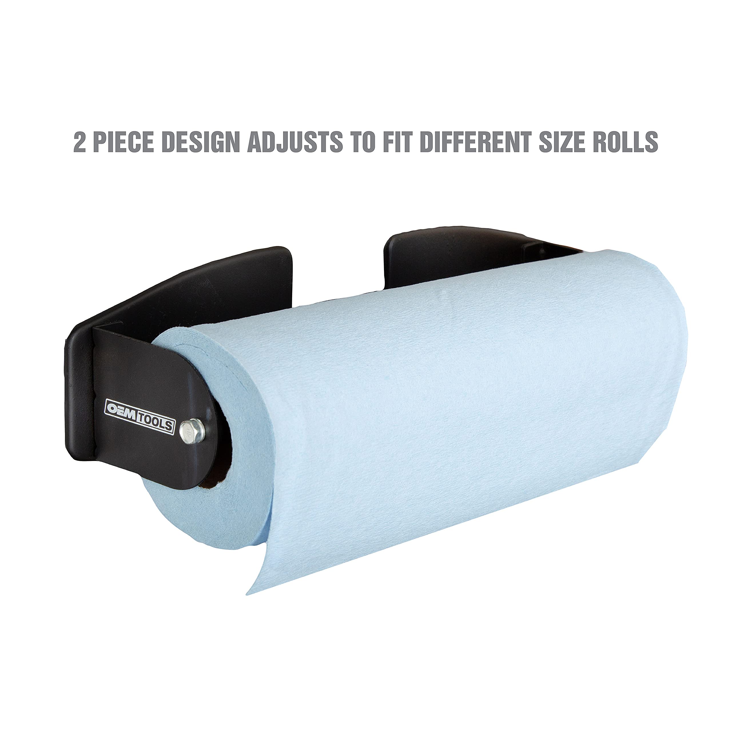 OEMTOOLS 24952 Black Magnetic Paper Towel Holder - Adjustable 2-Piece Design Fits Any Size Paper Towel Rolls, Strong Magnets for Metal Surfaces - Perfect for Kitchen, Garage, Workshop & Office Organization
