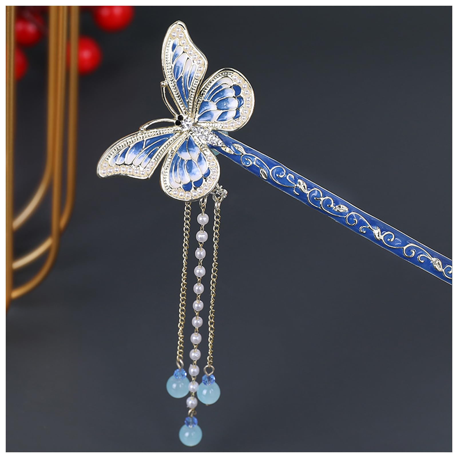 Vintage Chinese Hanfu Hair Sticks - Retro Hairpins & Hair Bun Forks for Women, Butterfly Tassel Headdress with Metal Pearl Accents | Perfect for Traditional Costumes, Cosplay, Weddings & Special Occasions