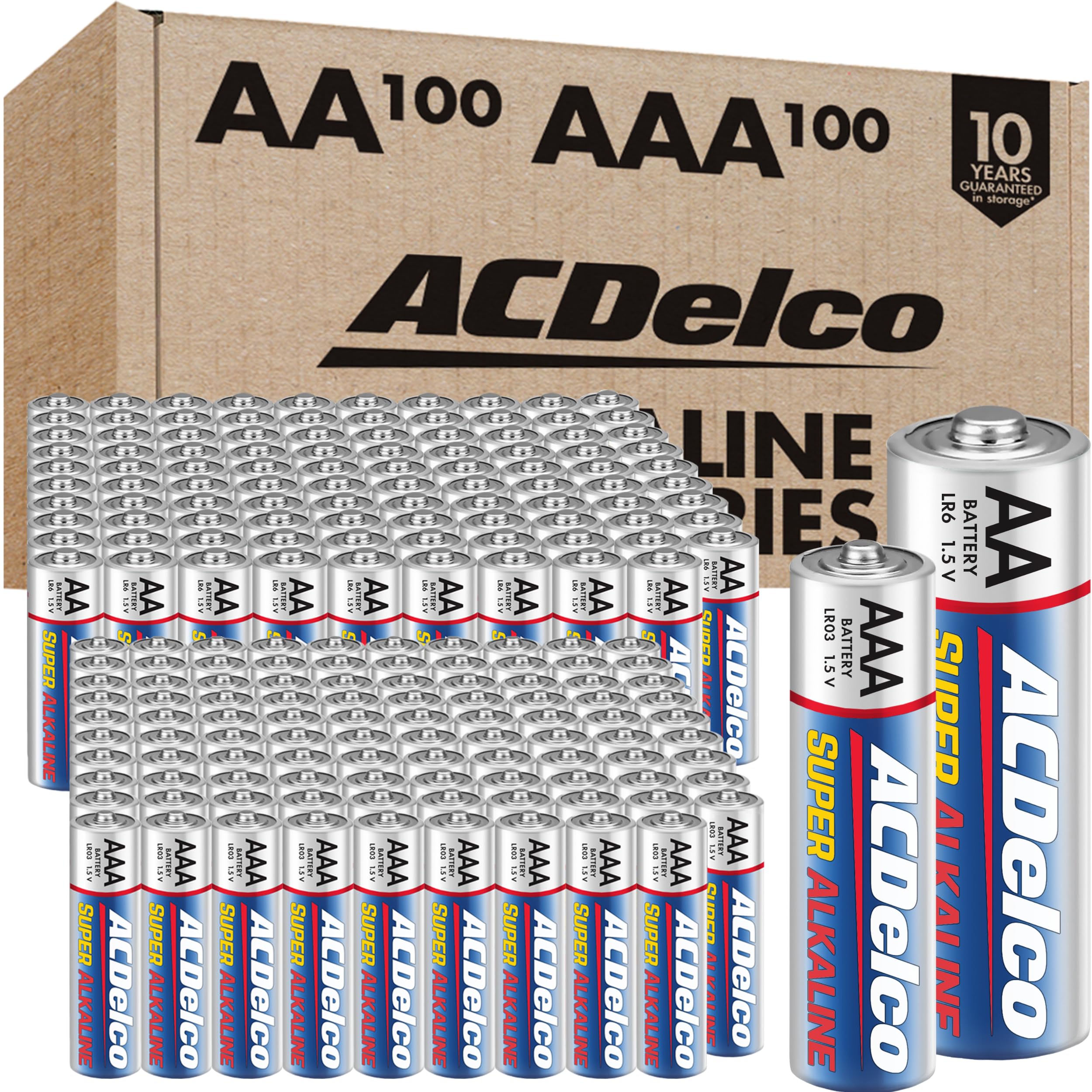 ACDelco Super Alkaline Batteries 200-Count Combo Pack (100 AA + 100 AAA) with 10-Year Shelf Life | Reclosable Packaging | Ideal for Toys, Flashlights, Remote Controls & Electronic Devices