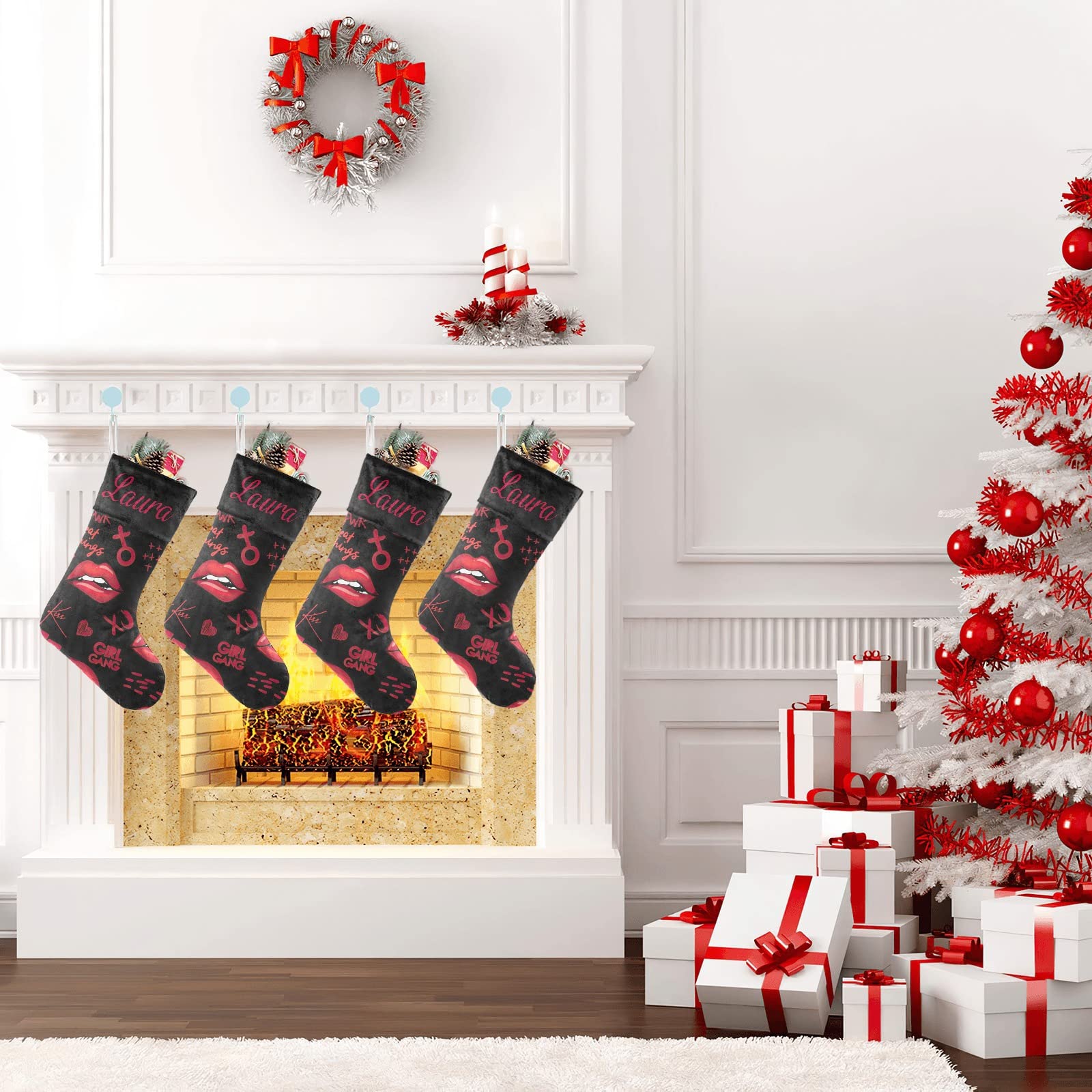 Personalized Christmas Stockings with Kiss Lips & Hearts Design - Custom Name Holiday Socks for Family Party Decor (17.52 x 7.87 Inch) - Perfect for Fireplace Mantel, Gift Exchange & Festive Home Decor