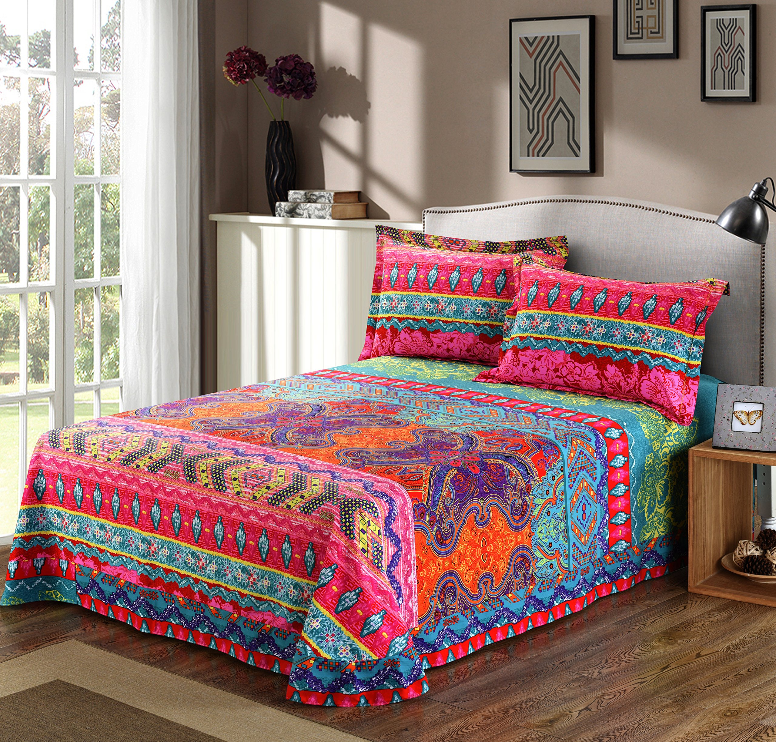 4-Piece Bohemian Ethnic Queen Size Bedding Set - Brushed Cotton Boho Duvet Cover with Flat Sheet, Ultra Soft Comforter Cover Set (No Comforter Included) - Perfect for Cozy Bedrooms, Guest Rooms & Bohemian Home Decor