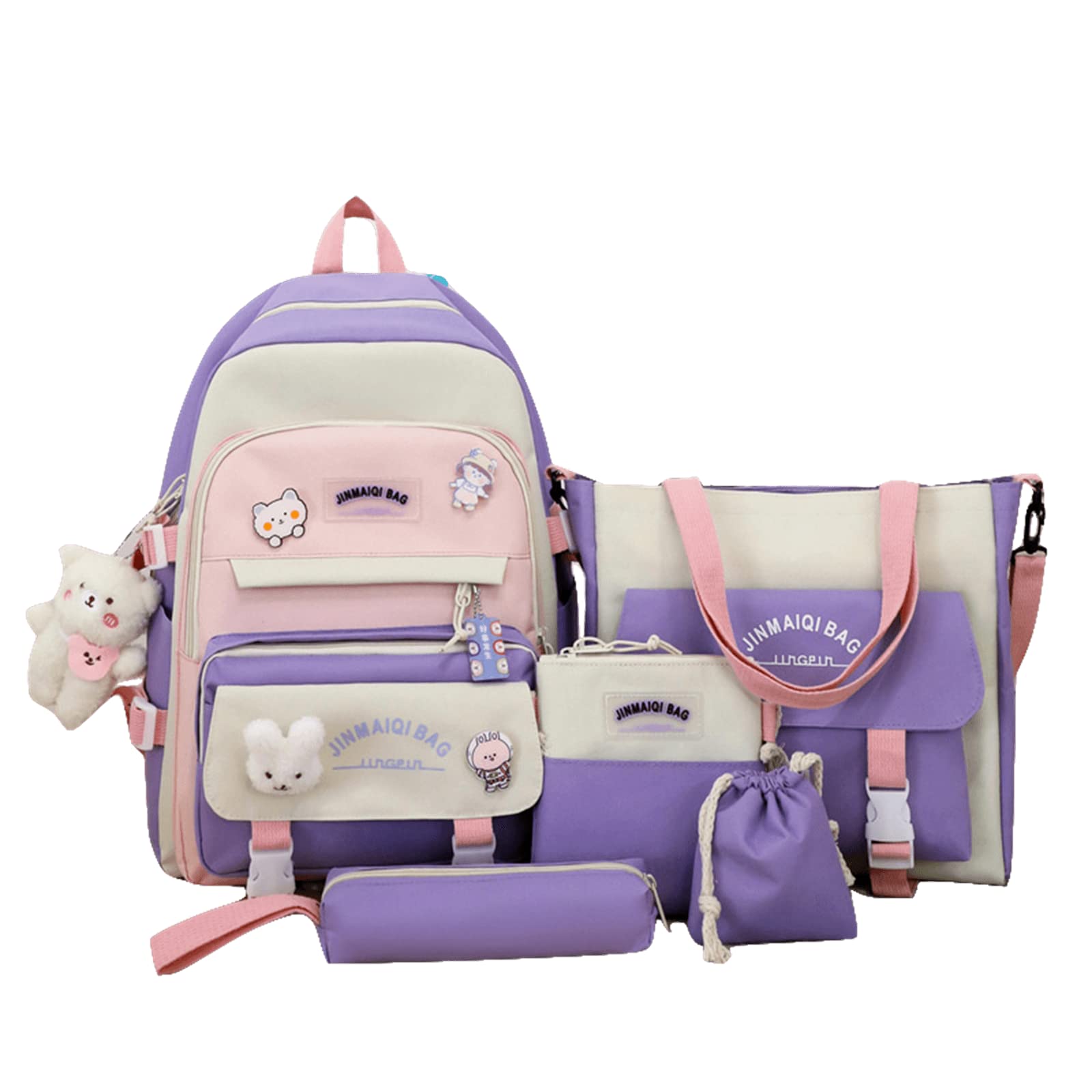 5Pcs Cute Kawaii Backpack Set with Bear Pendant - Large Canvas School Bag & Tote Bag for Girls, Teens - Perfect for School, College, Travel & Daily Use (Purple)