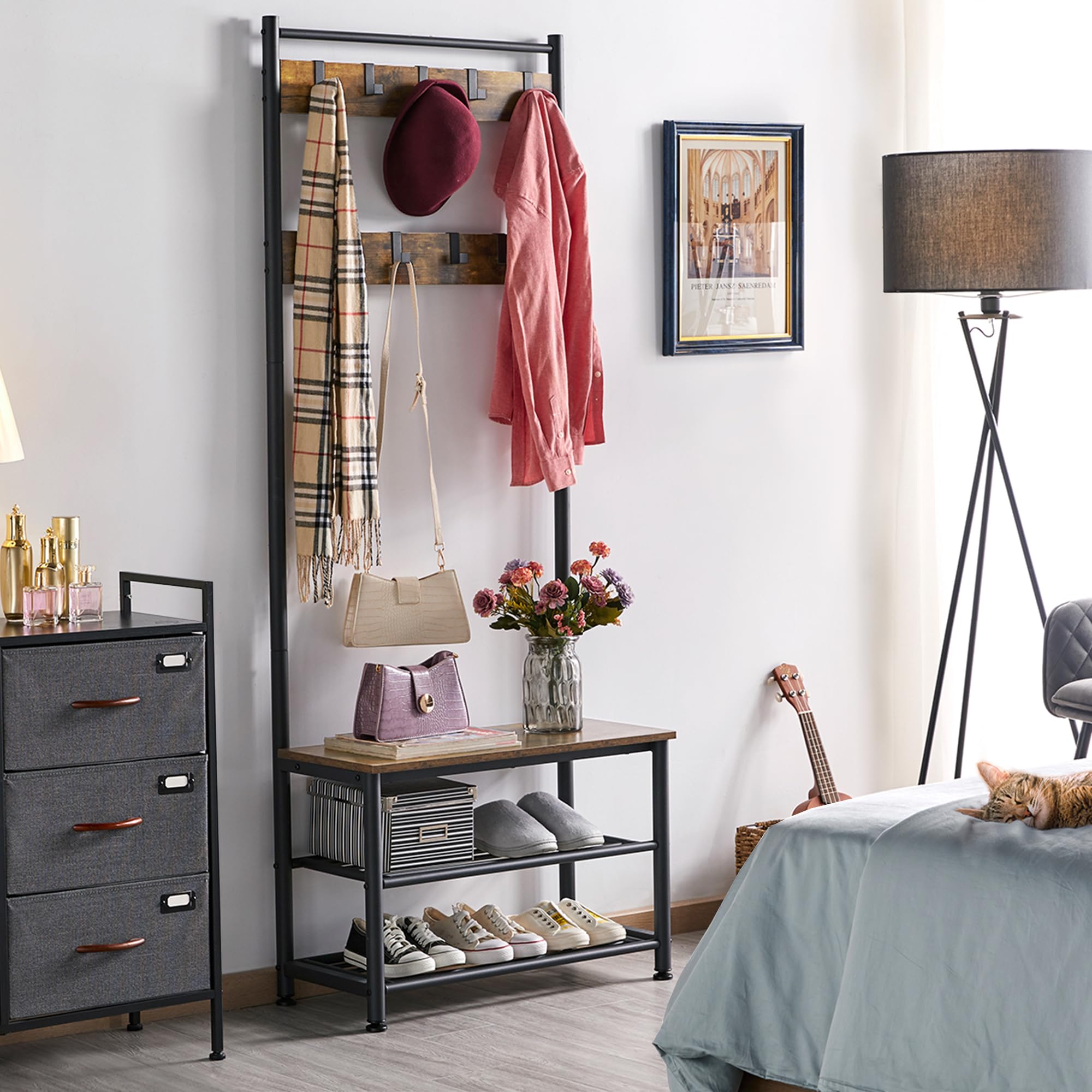 Yaheetech 3-in-1 Hall Tree Coat Rack Shoe Bench with 9 Hooks & Storage Shelf - Industrial Entryway Organizer for Shoes, Coats & Bags - Easy Assembly Rustic Brown - Perfect for Mudroom, Foyer & Small Space Entryway Storage