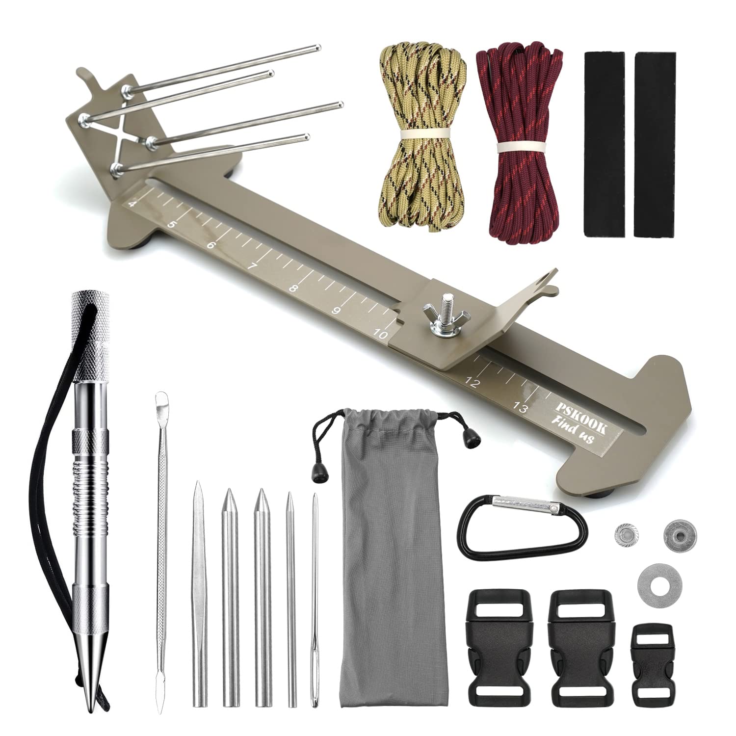 PSKOOK Paracord Bracelet Jig Kit - Adjustable DIY Weaving Tool Set with 6 Pack Needles & Smoothing Tools (Includes FID & Marlin Spike) - Perfect for Outdoor Survival, Camping, Hiking & Craft Making