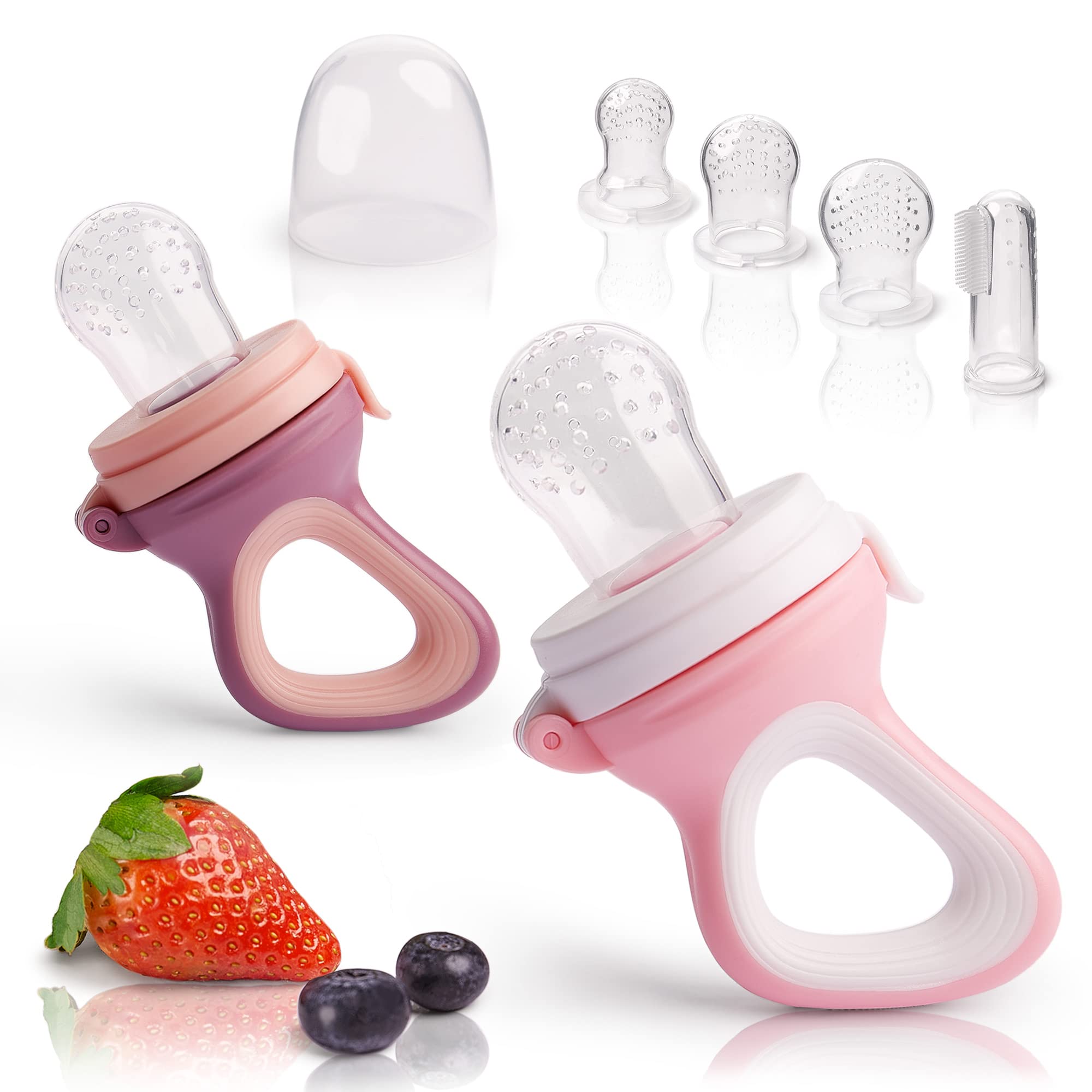 2 Pack Baby Fruit Feeders with 6 Replacement Teats (3 Sizes) - BPA-Free Hygienic Silicone for Infants & Toddlers - Perfect for Purees, Vegetables, Teething Relief & On-the-Go Feeding
