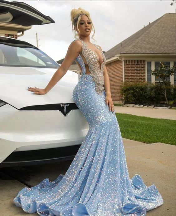 Elegant Blue Sequin Sparkly Long Mermaid Evening Dress for Prom, Party & Special Occasions - Style J3947 | Perfect for Homecoming, Gala & Formal Events