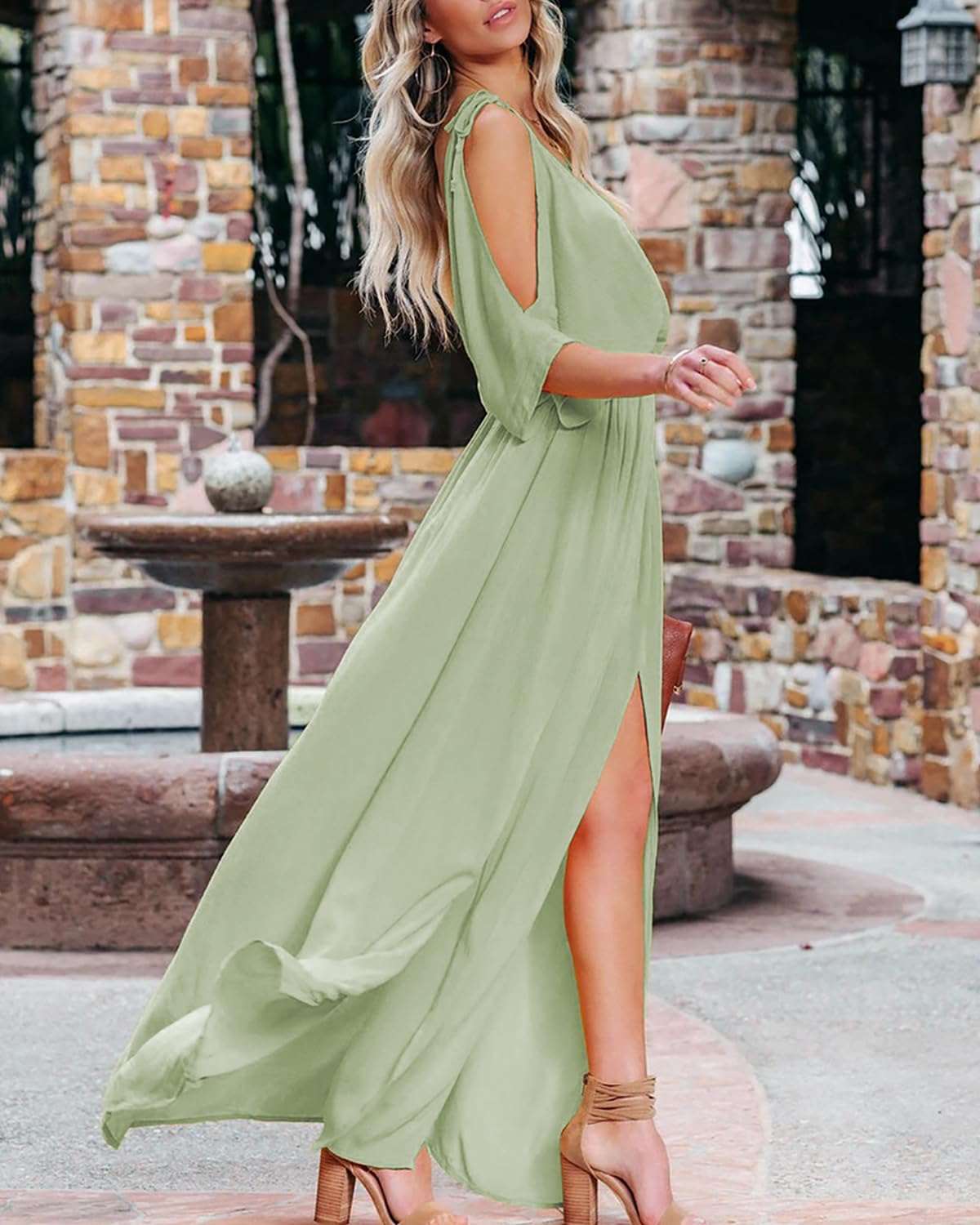 DEEP SELF Women's Summer V-Neck Cold Shoulder Short Sleeve Maxi Dress - High Waist Split Wedding Guest Long Dress for Beach Vacation, Party & Special Occasions
