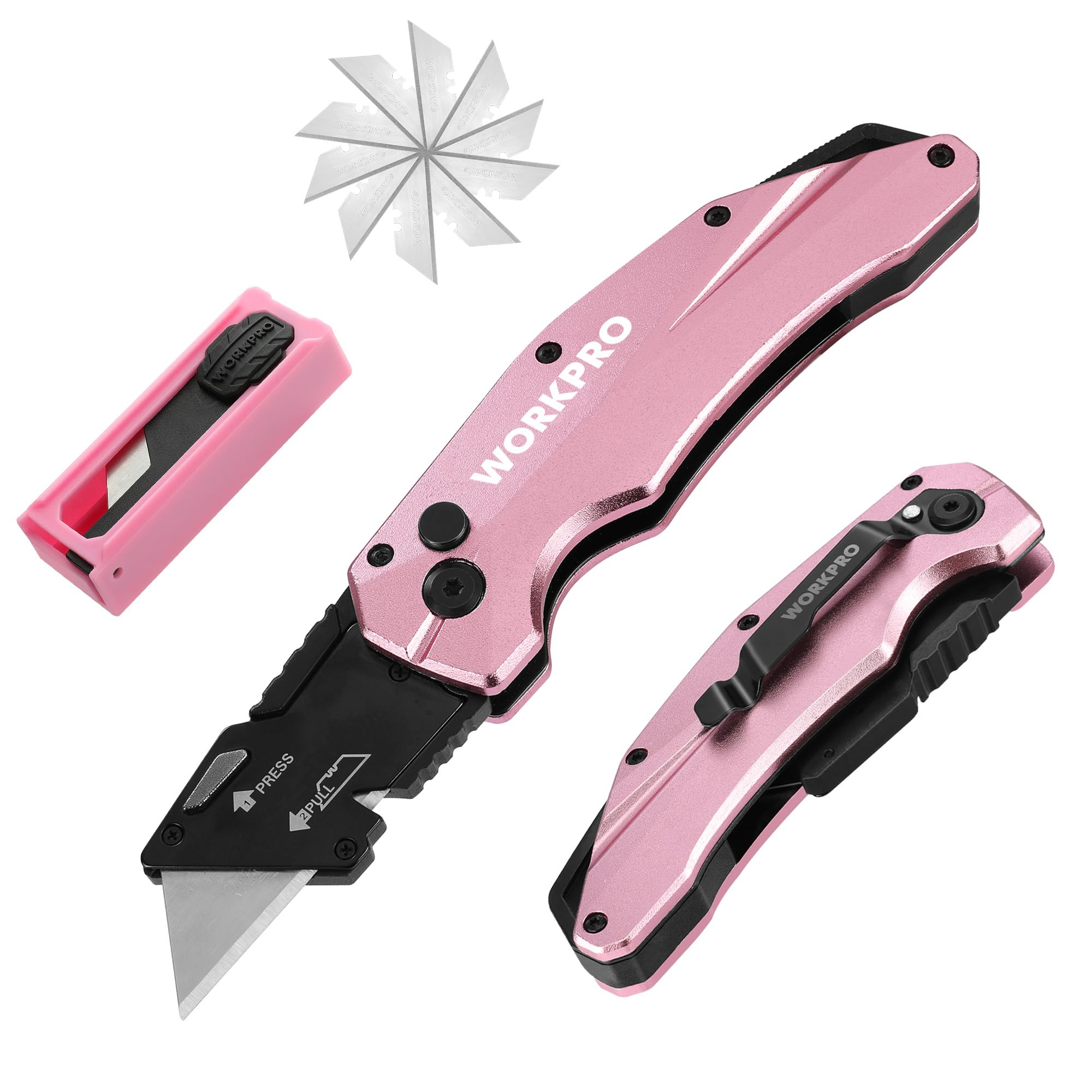 WORKPRO Folding Utility Knife - Quick Change SK5 Box Cutter with Aluminum Handle & 10 Extra Blades - Pink Ribbon Design for Cutting Boxes, Cartons, Cardboard - Perfect for Warehouse, Office, Shipping & Home Use