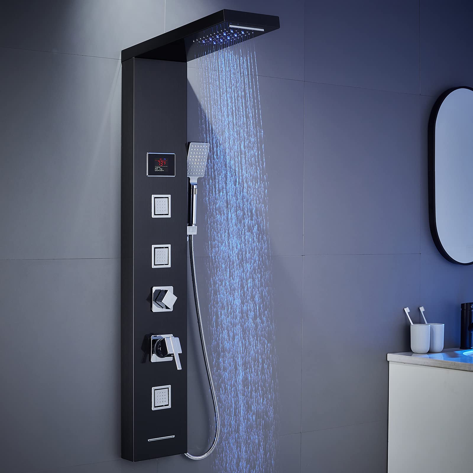 ROVOGO 8-in-1 LED Shower Panel Tower System - Rainfall Showerhead, Body Jets, Handheld Shower & Tub Spout - No Battery Needed - Modern Black Bathroom Upgrade for Spa-Like Experience