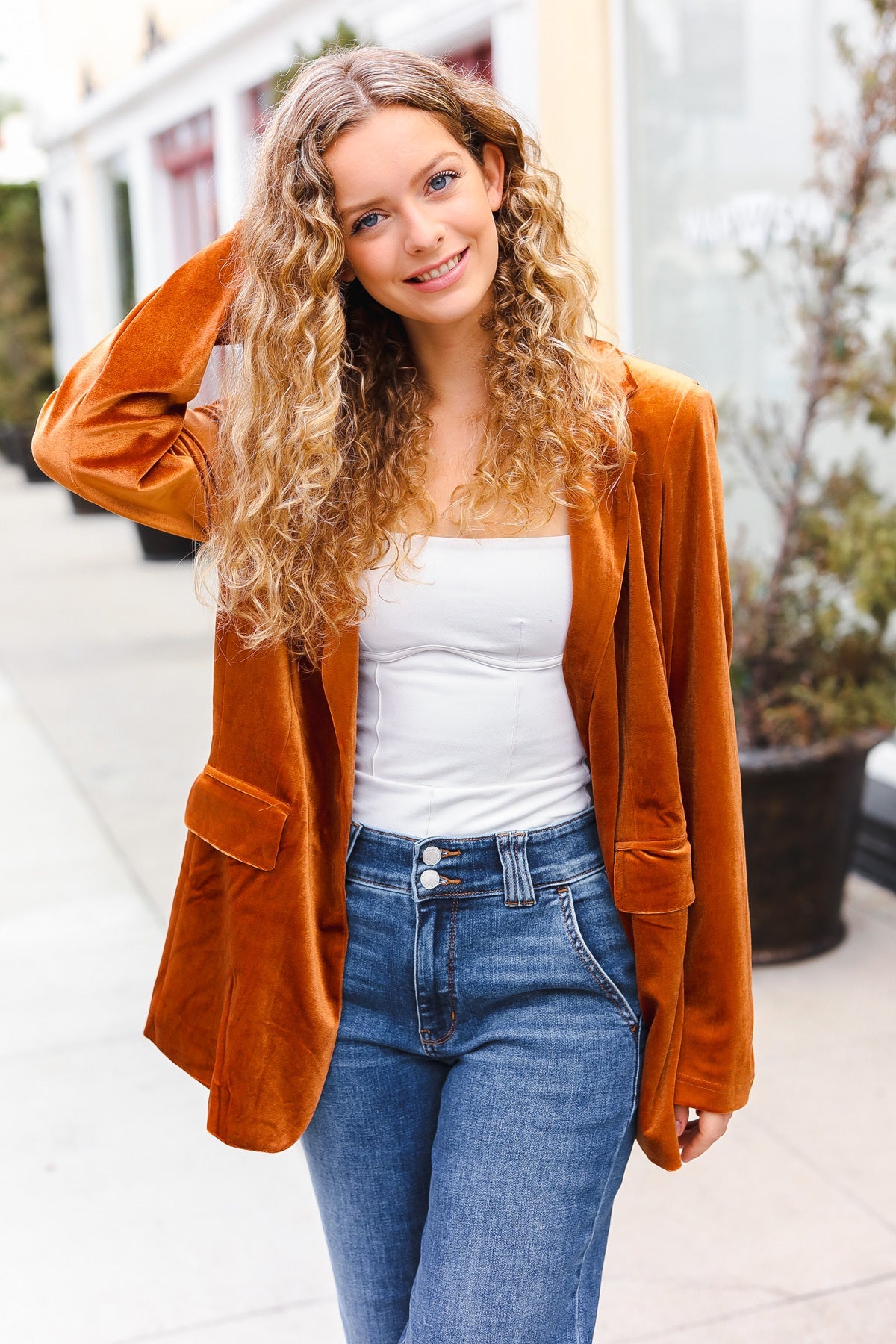 Stylish Rust Velvet Blazer with Lapel - Elegant Holiday Party Outfit for Women | Perfect for Christmas, Weddings & Special Occasions