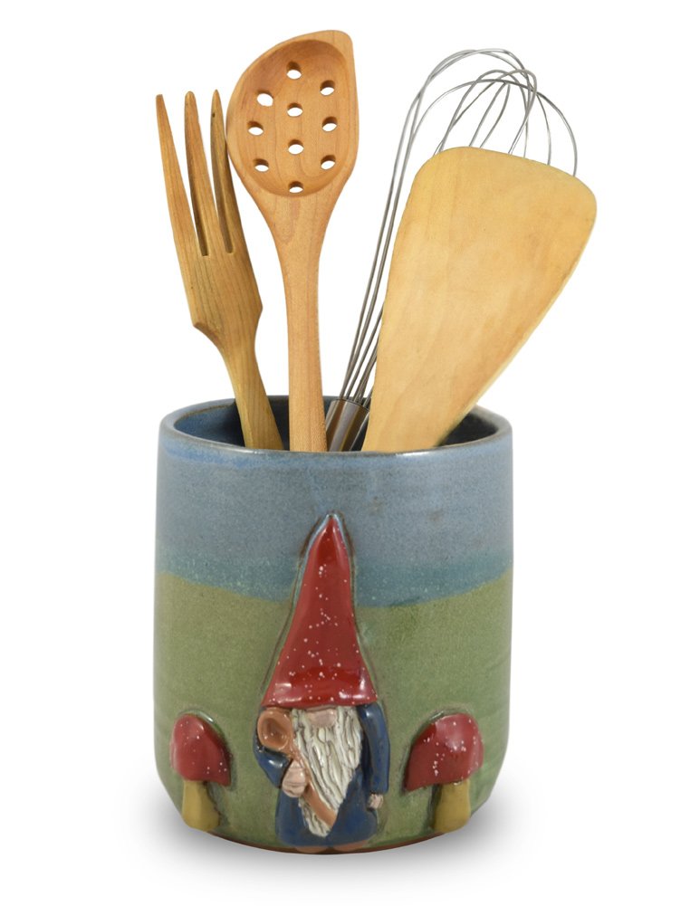 Handmade American Stoneware Pottery Utensil Holder with Gnome Design - Farmhouse Kitchen Countertop Organizer for Spoons, Forks & Cooking Tools