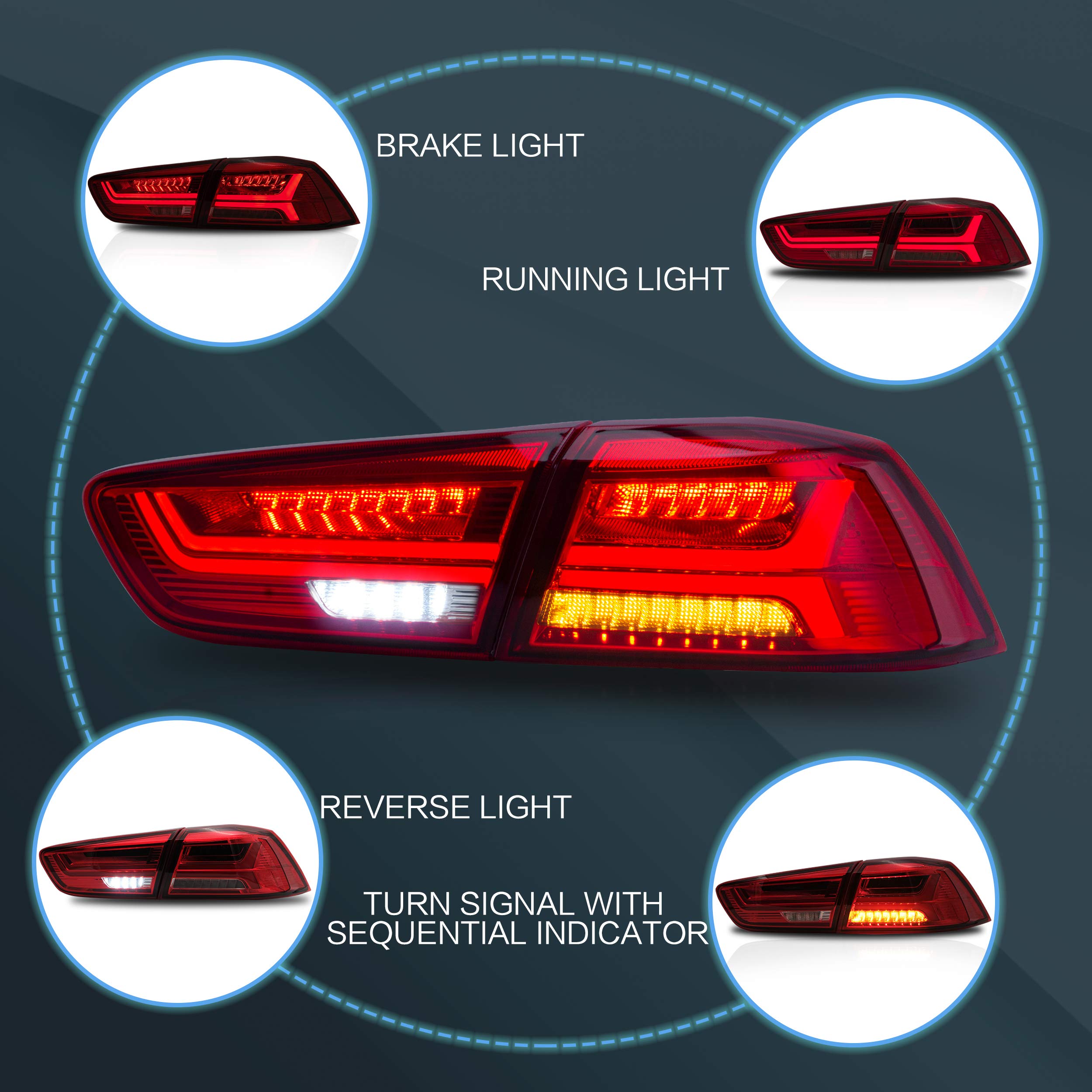 VLAND LED Tail Lights Assembly for Mitsubishi Lancer EVO X 2008-2020 - Sequential Turn Signal, Red - Not Compatible with Lancer Fortis/io | Upgrade Your Car's Style & Safety for Night Driving