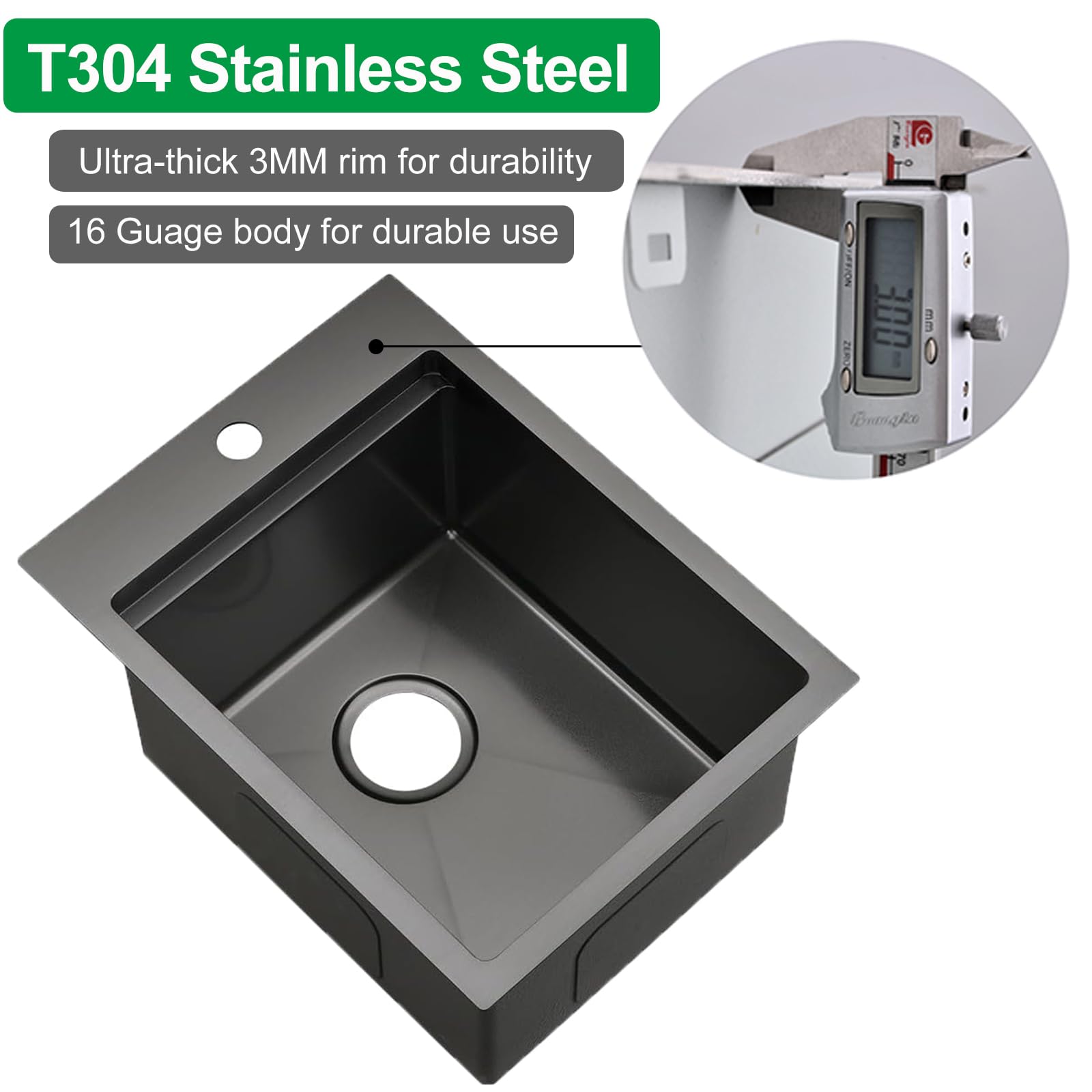 15x20 Inch Black Stainless Steel Drop-In Bar Sink - Topmount Single Bowl Kitchen Sink for Workstation, RV, Outdoor & Wet Bar | Perfect for Office, Laundry, Prep & Yard Use