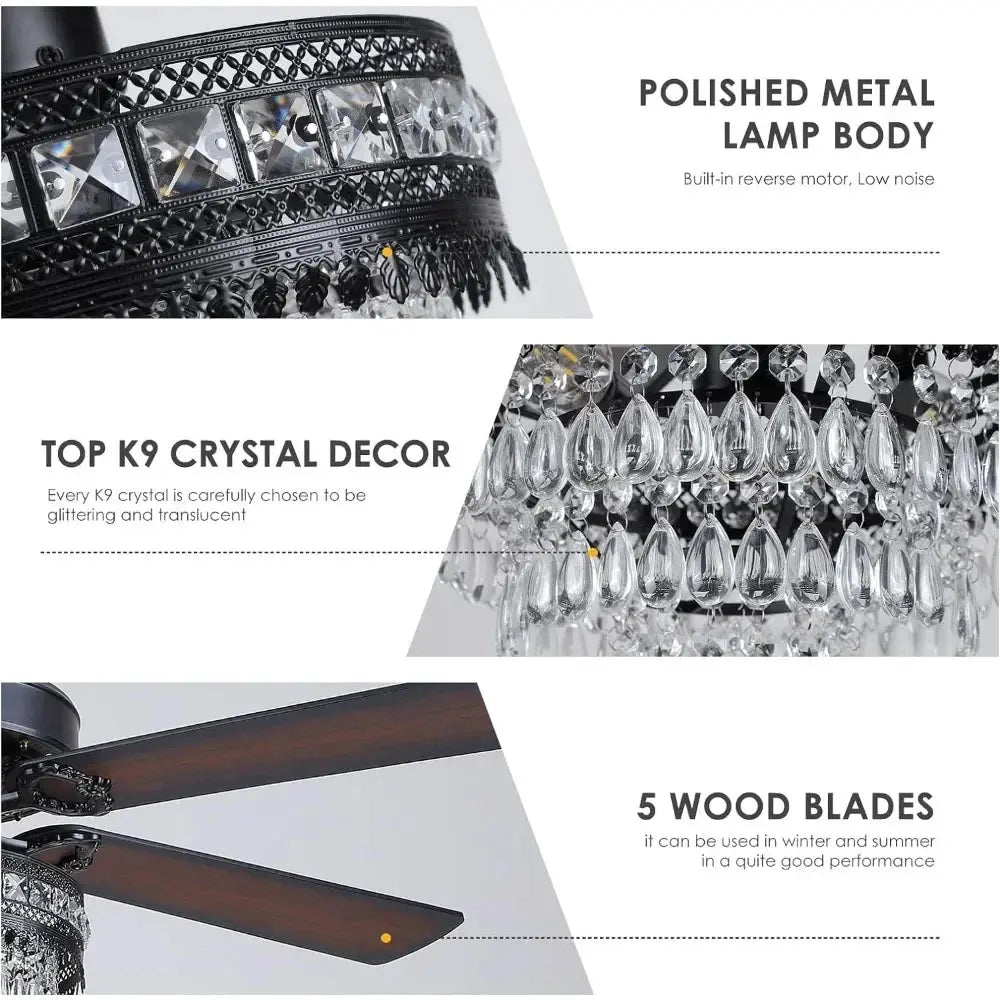 5-Blade Remote Control Crystal Ceiling Fan with LED Light Kit - Modern Home Cooling & Lighting Solution for Bedroom, Living Room, and Office