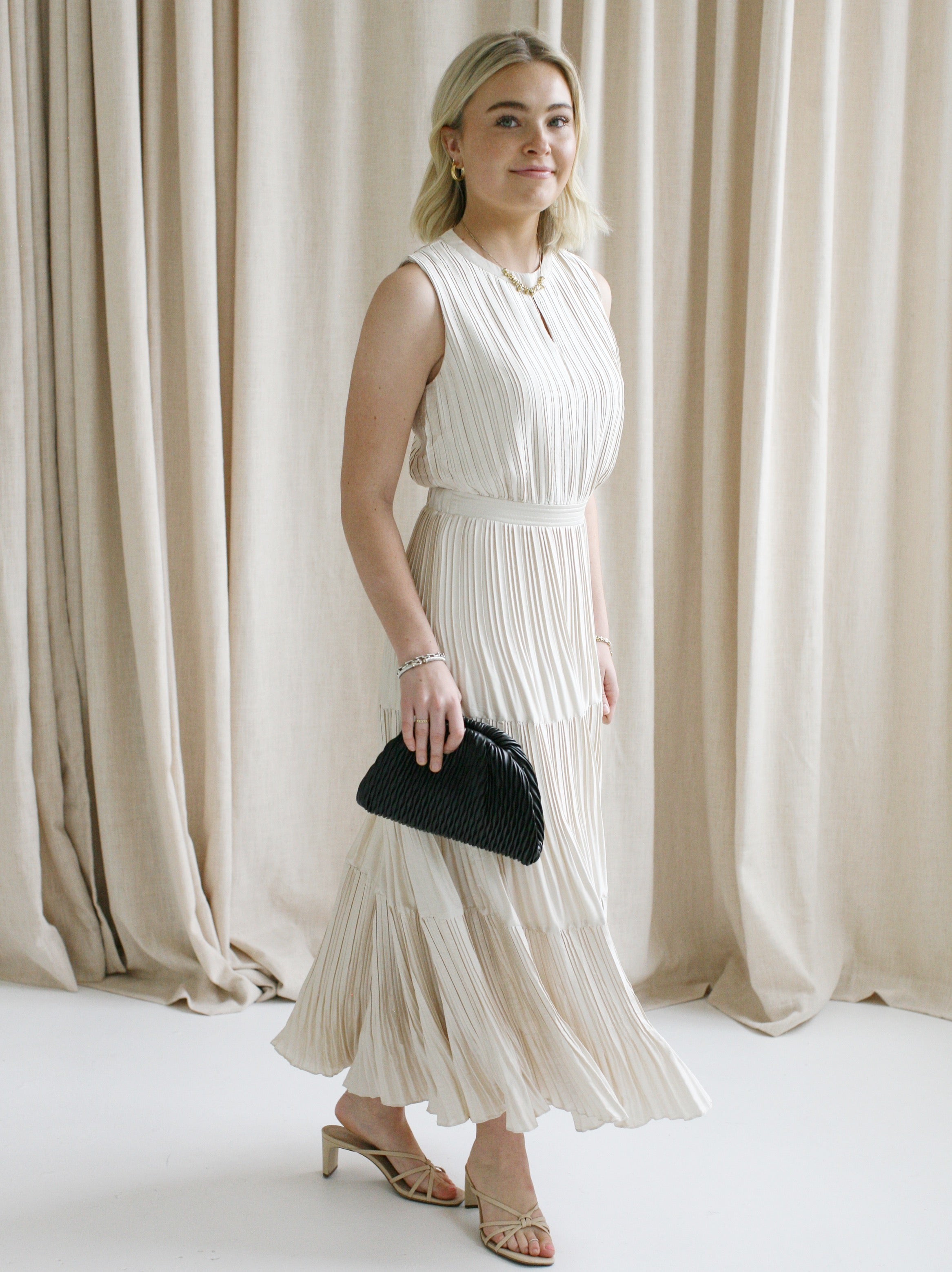 Elegant Taupe Pleated Sleeveless Dress for Women - Perfect for Summer Weddings, Cocktail Parties & Office Wear