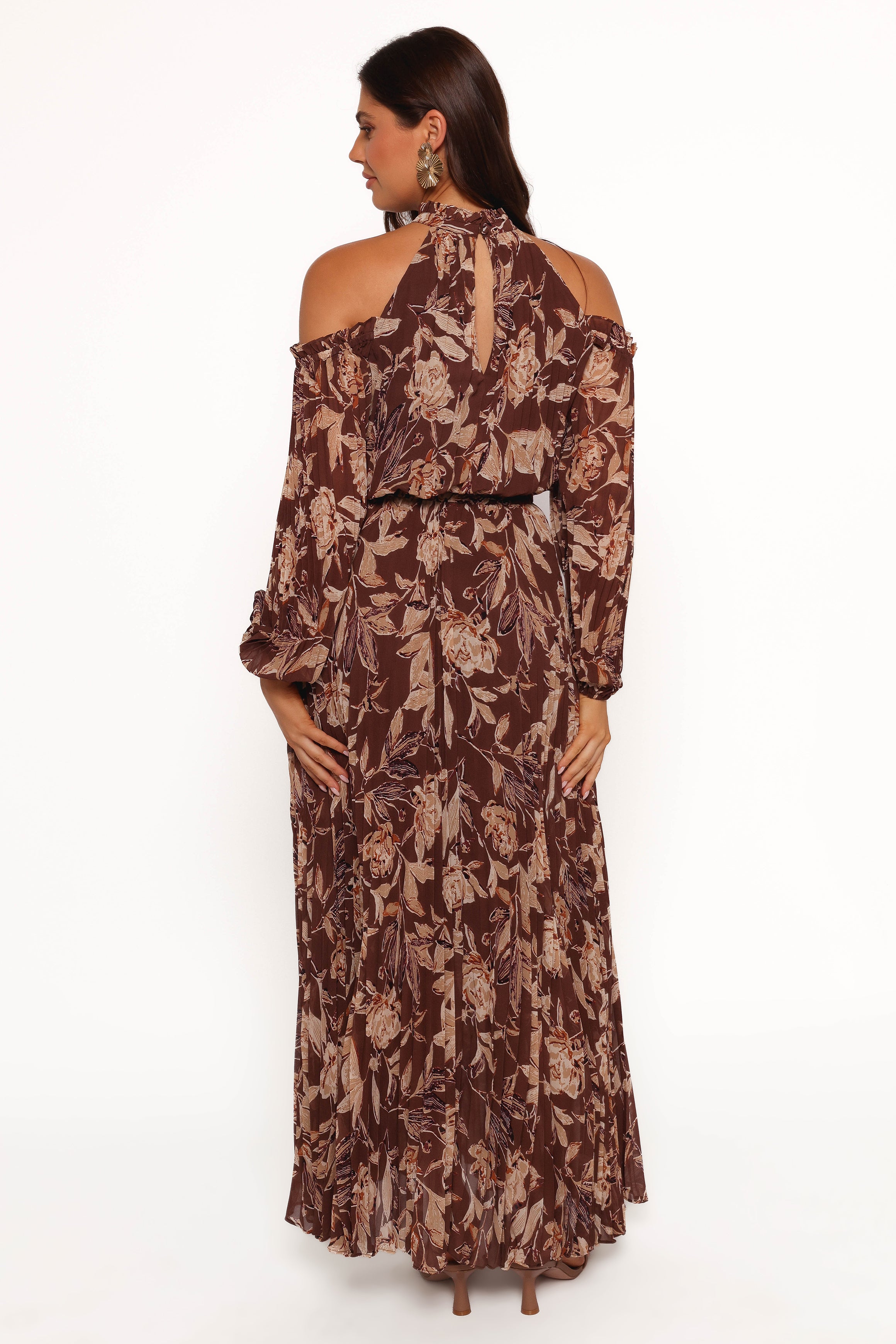 Hilary Pleated Maxi Dress - Brown Floral Print Women's Long Dress for Summer, Beach, Wedding & Special Occasions