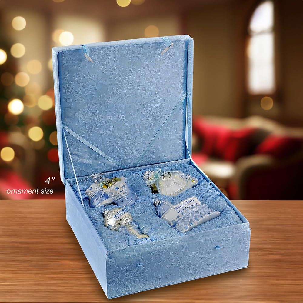Kurt Adler Noble Gems Glass Baby Boy Christmas Ornament Set - 4 Piece Holiday Tree Decor for Newborns, Christening & First Christmas Celebrations
