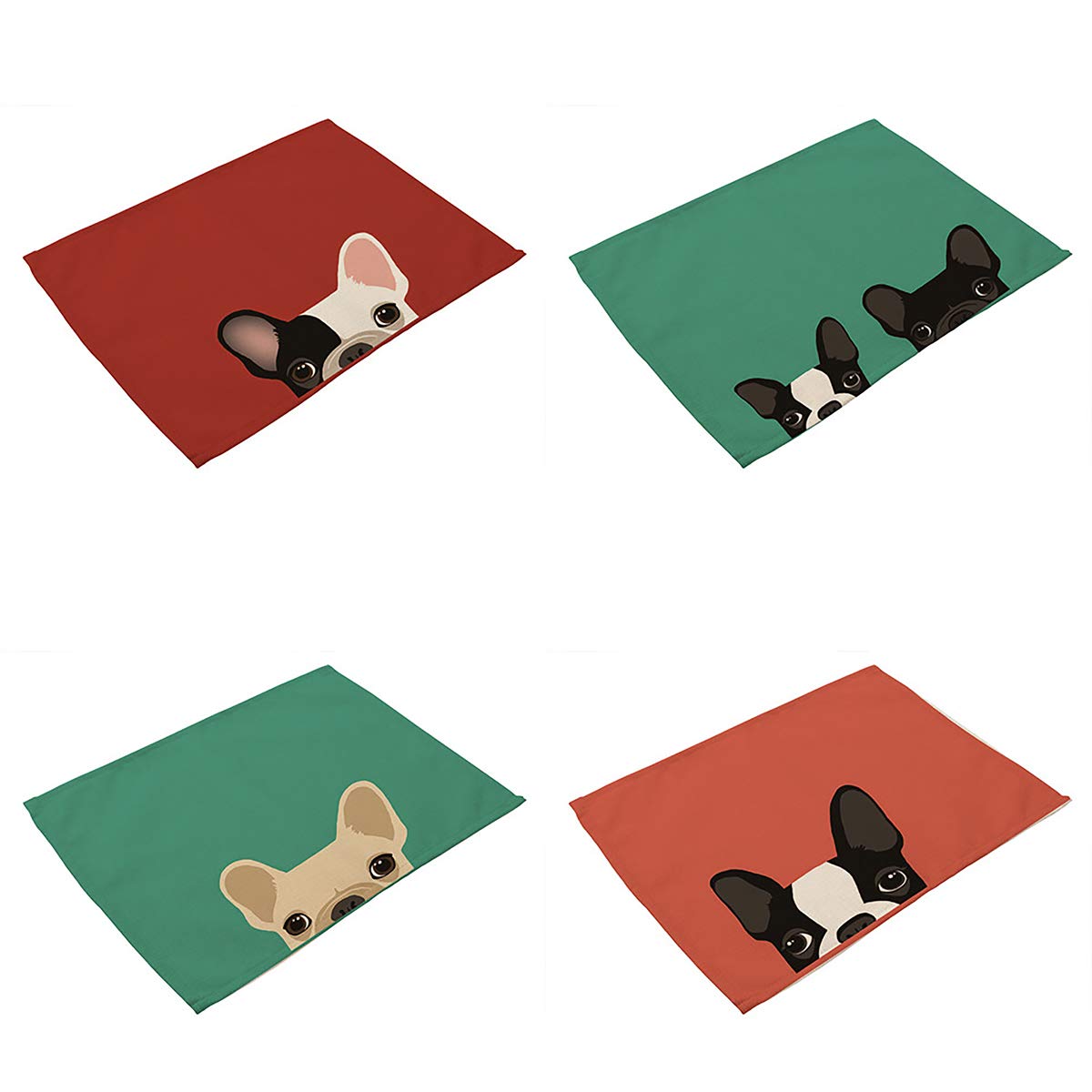 Bifowit Printed Cotton Linen Western Style Placemats Set of 4 - Cute Bulldog Design, Heat & Stain Resistant Table Mats for Kitchen Dining - Perfect for Pet Lovers Home Decor & Dog Themed Parties