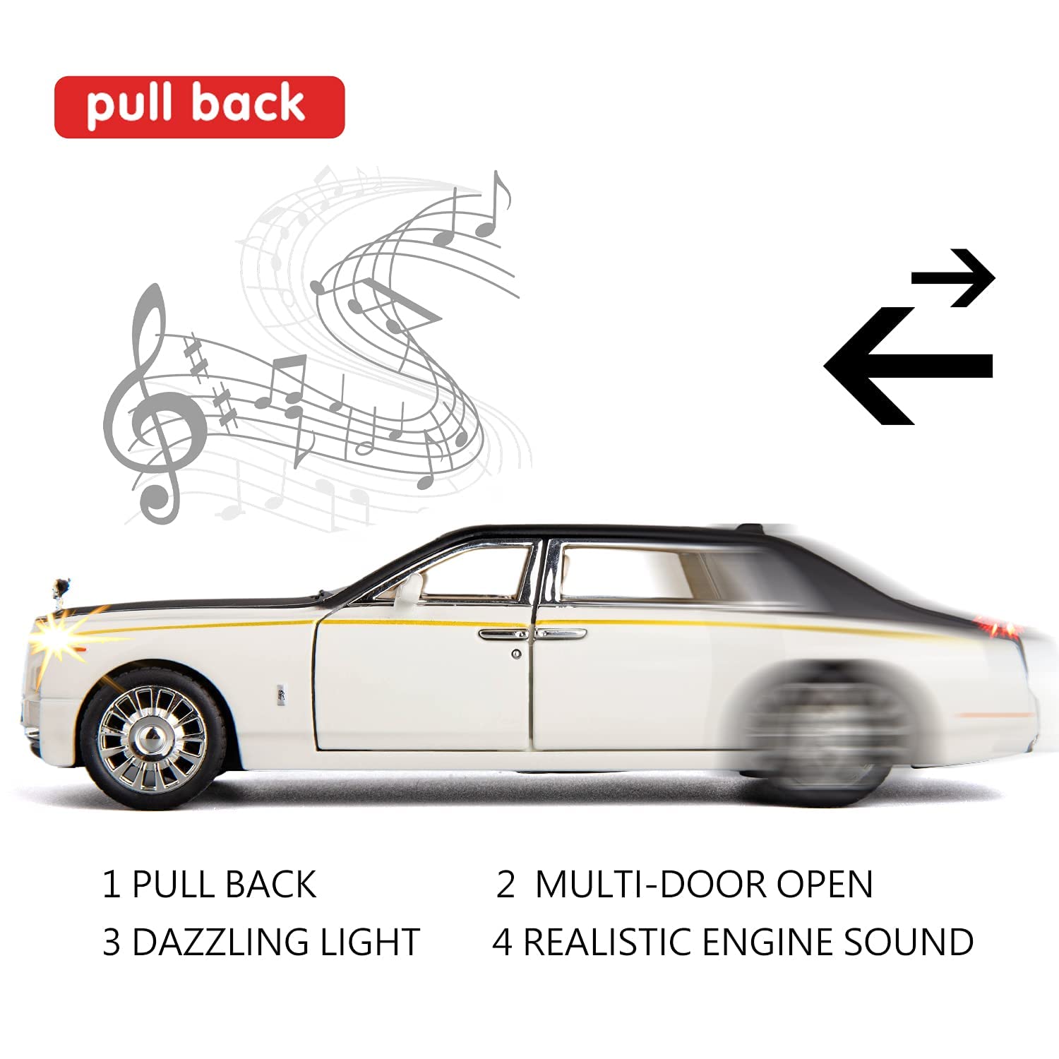 Premium Diecast Metal Toy Car with Pull-Back Action, Musical Sound, Sliding Doors & Blinking Lights - Rolls-Royce White Model - Best Gift for Kids & Collectors | Playtime, Birthday Presents, Display Collection