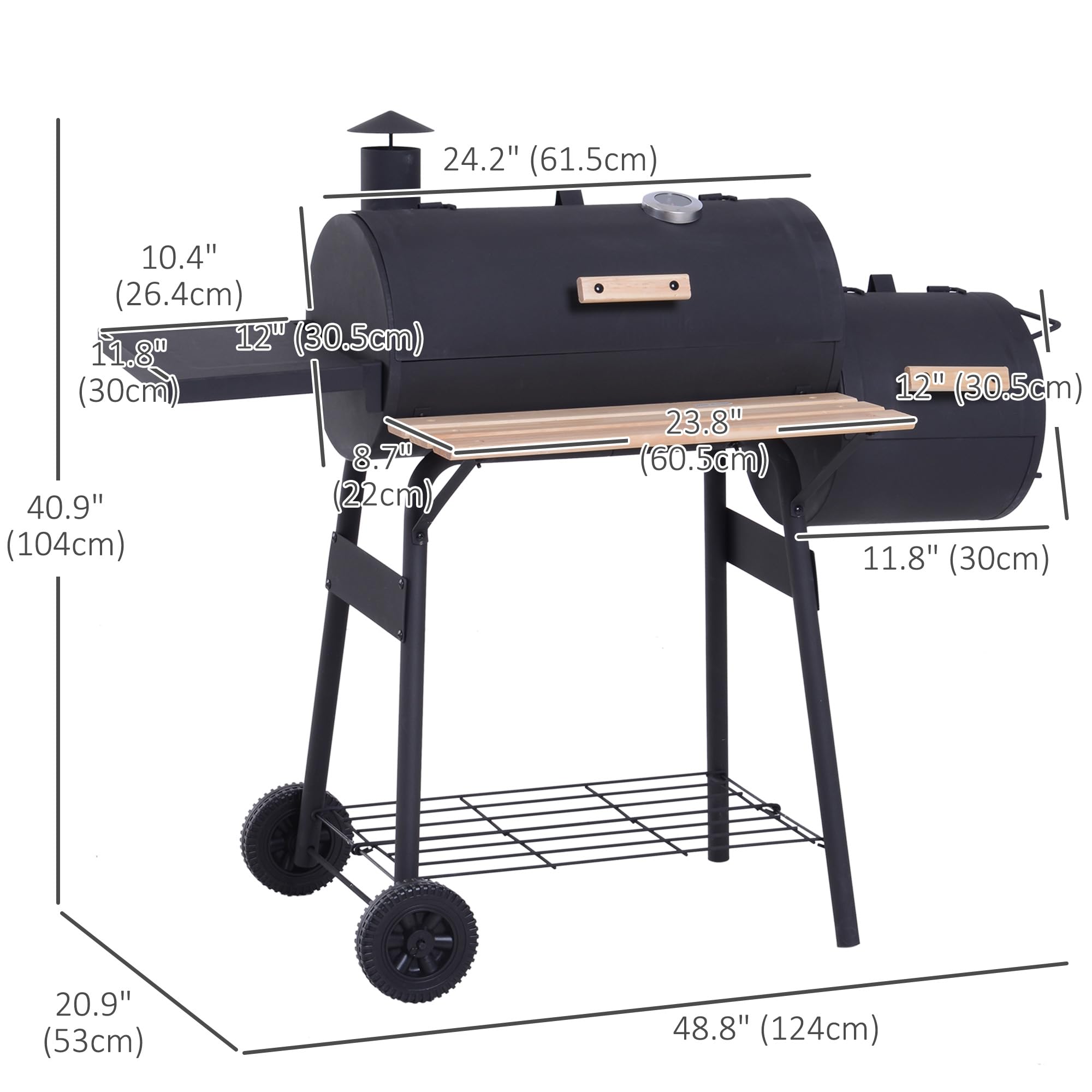 Outsunny 48 Inch Portable Charcoal BBQ Grill with Wheels - 232 Sq In Steel Outdoor Smoker Grill with Storage Shelf - Ideal for Backyard, Camping, Picnic & Tailgating - Black