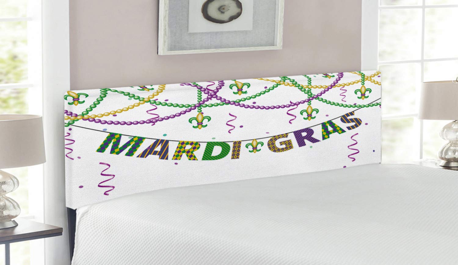 Ambesonne Mardi Gras Fleur De Lis Upholstered Metal Headboard with Memory Foam - Queen Size Purple Green Yellow Beaded Design for Bedroom Decor & Festive Home Staging