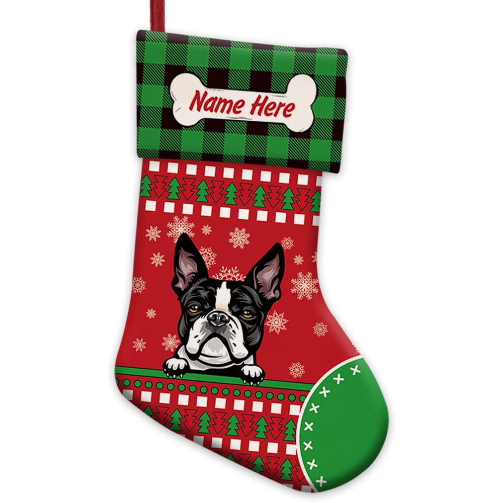 Personalized Merry Christmas Stockings - Cute Boston Terrier Dog with Bone Design, Red Buffalo Plaid & Snowflake Pattern, 14.4 Inch Holiday Decor for Fireplace Mantel, Gift Exchange & Festive Home Decor