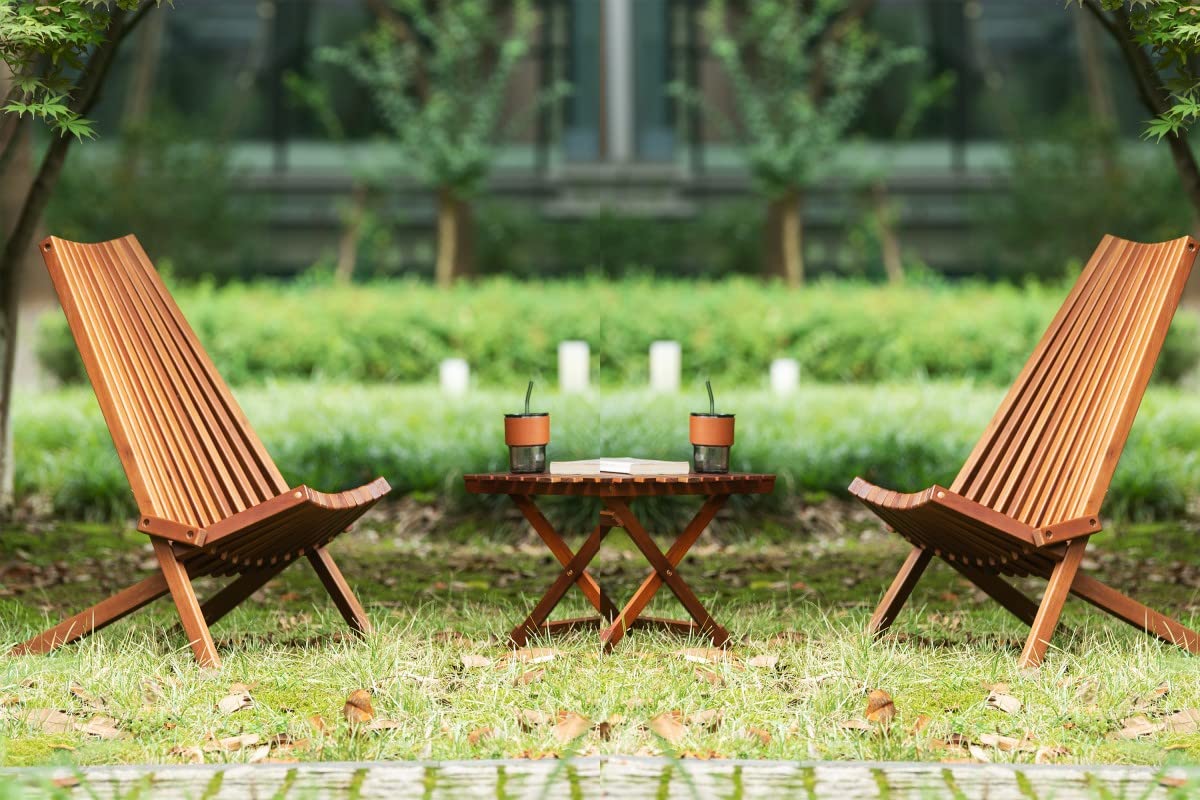 **Acacia Wood Outdoor Folding Chair Set - 2 Chairs + Table, Cinnamon Finish, Easy Assembly, Low Profile Lounge Chairs for Patio, Porch, Lawn, Garden - Perfect for BBQs, Camping, and Relaxing Outdoors**