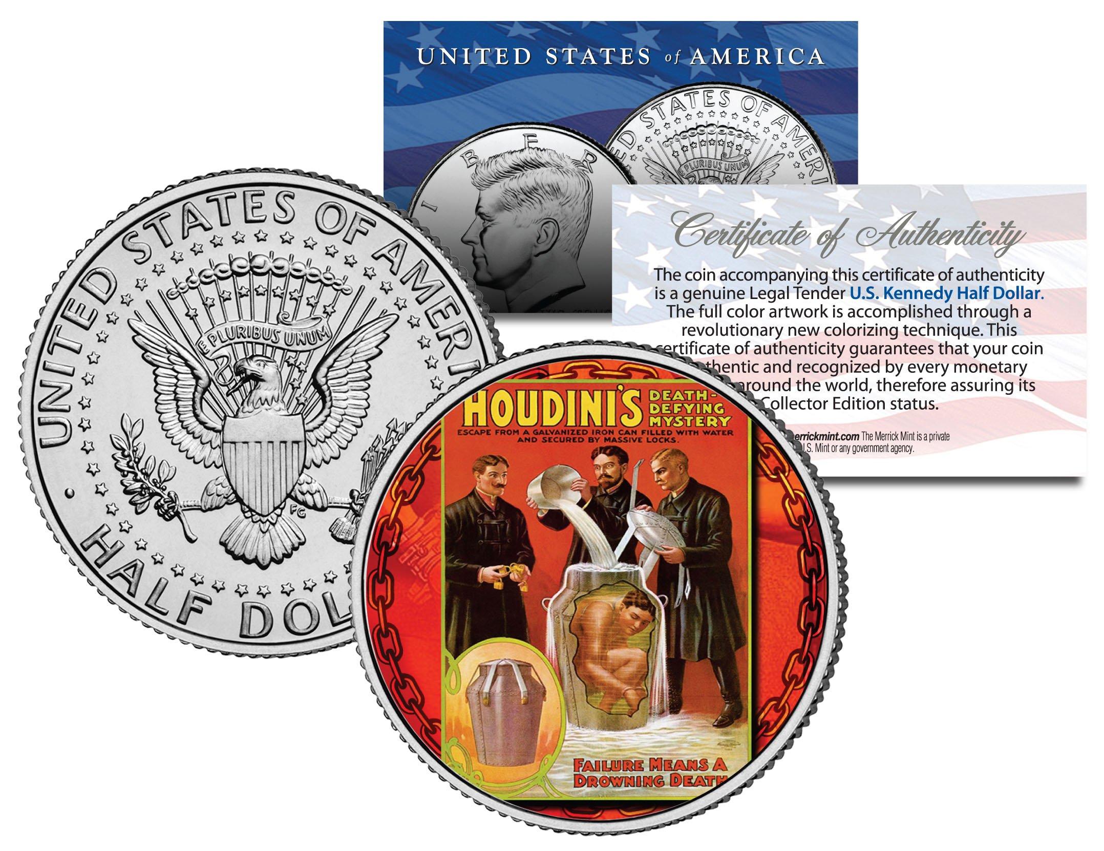 HARRY HOUDINI Milk Can Escape Magic Trick Collectible & 1964 JFK Kennedy Half Dollar U.S. Silver Coin - Perfect for Magic Shows, Coin Collecting, and Historical Memorabilia