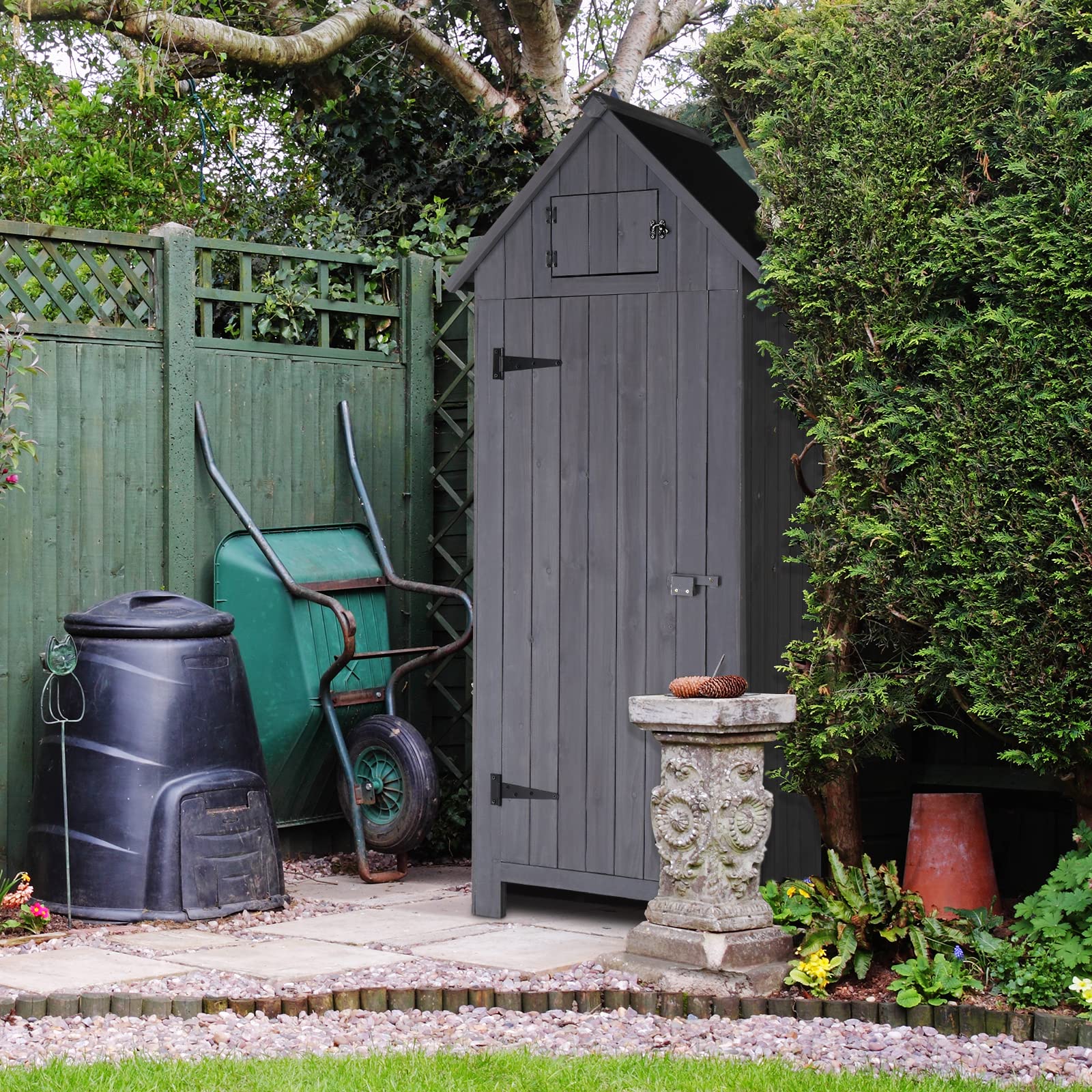 Outvita 70 Inch Waterproof Wooden Outdoor Storage Shed - Lockable Garden Tool Cabinet for Backyard, Lawn & Patio Organization (Grey) | Perfect for Storing Gardening Tools, Lawn Equipment & Seasonal Decor
