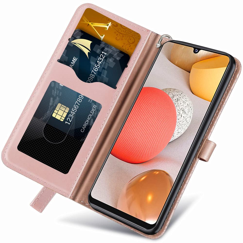 Premium PU Leather Samsung Galaxy A12 Wallet Case with Kickstand, Card Slots & Wrist Strap – Embossed Tree Design Folio Flip Cover for 6.5