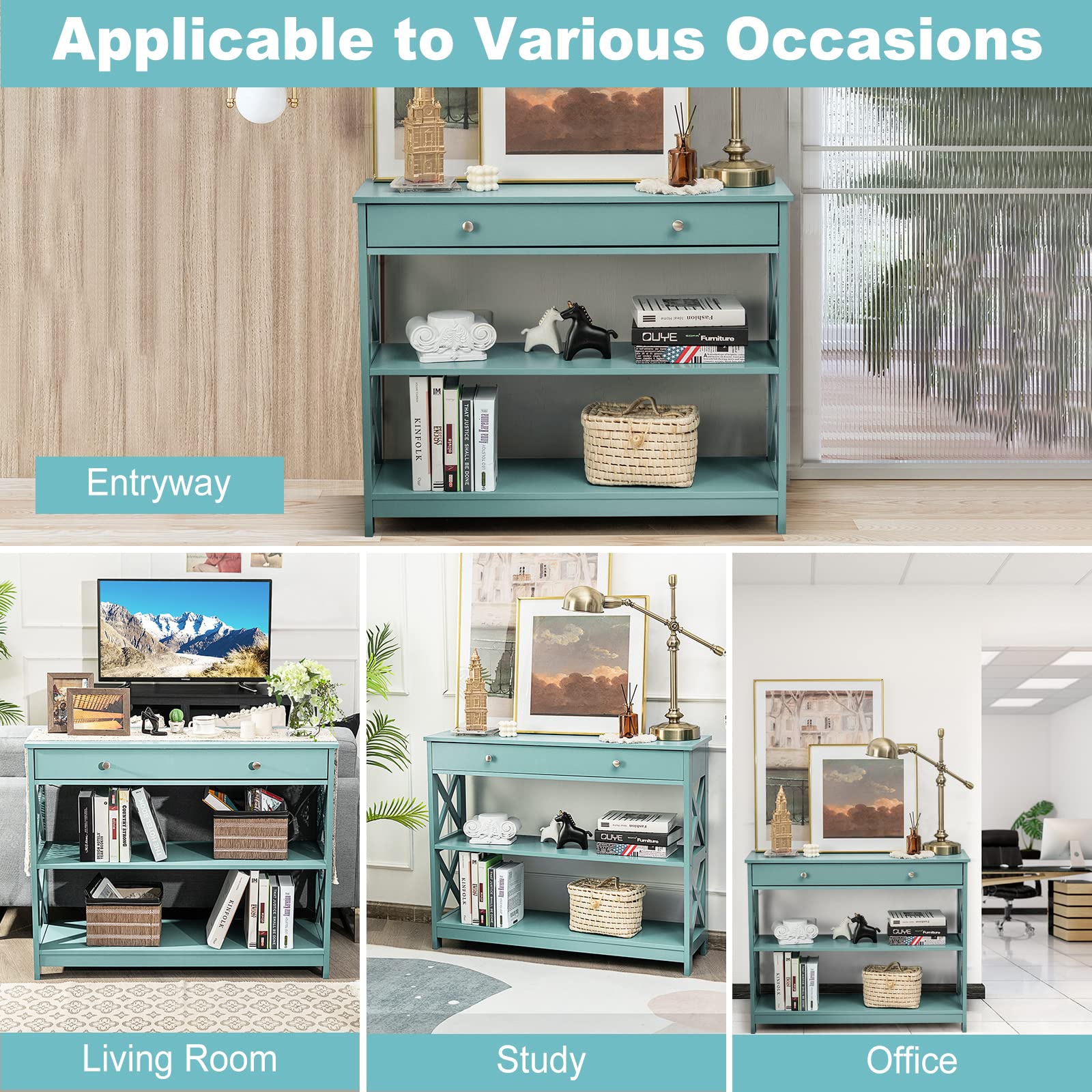 Giantex 3-Tier Console Table with Drawer & Storage Shelves - X-Design Entryway Sofa Table for Hallway, Living Room & Bedroom - Blue - Perfect for Small Space Organization & Home Decor