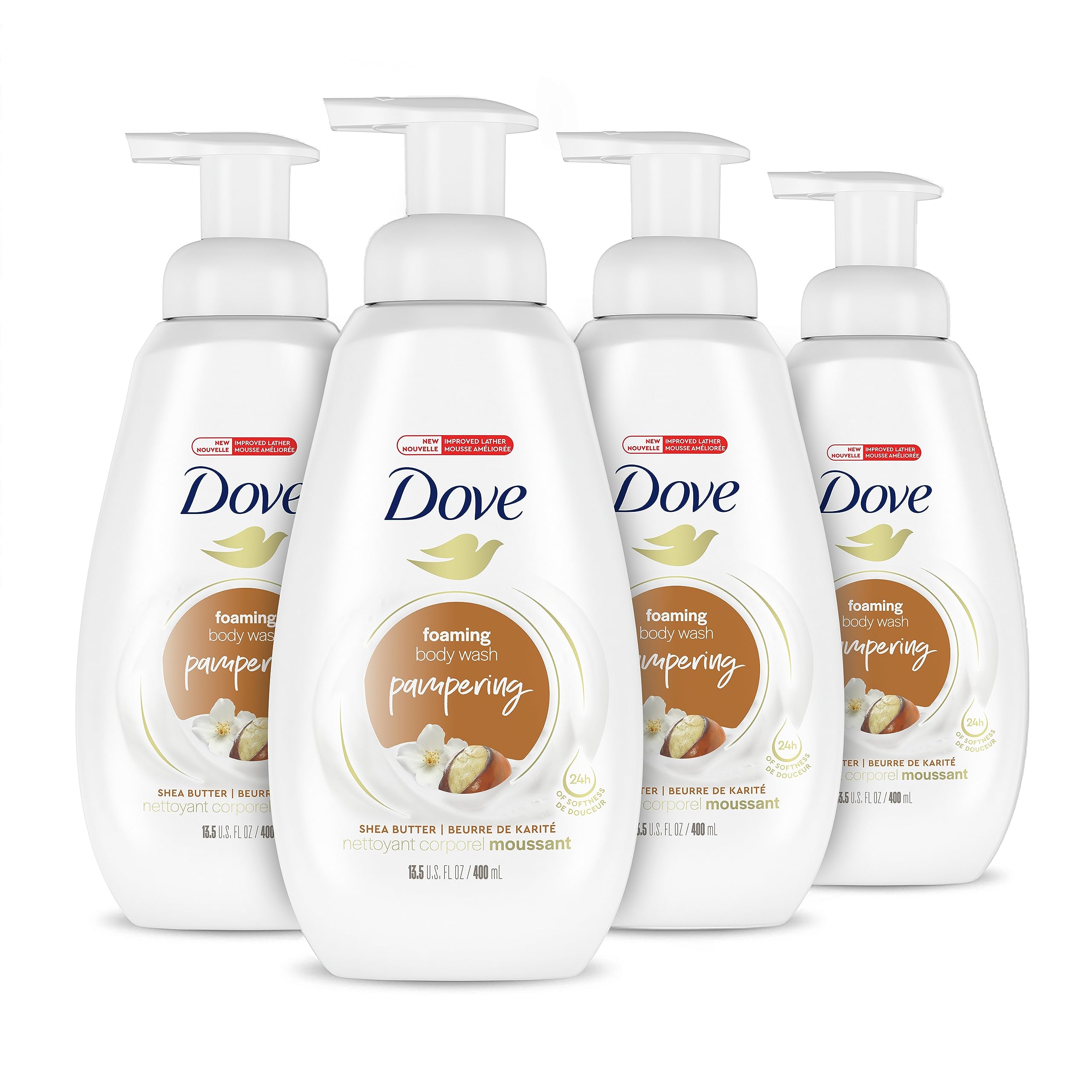 Dove Foaming Body Wash for Sensitive Skin - Shea Butter & Vanilla (Pack of 4) for Soft, Smooth Skin at Home