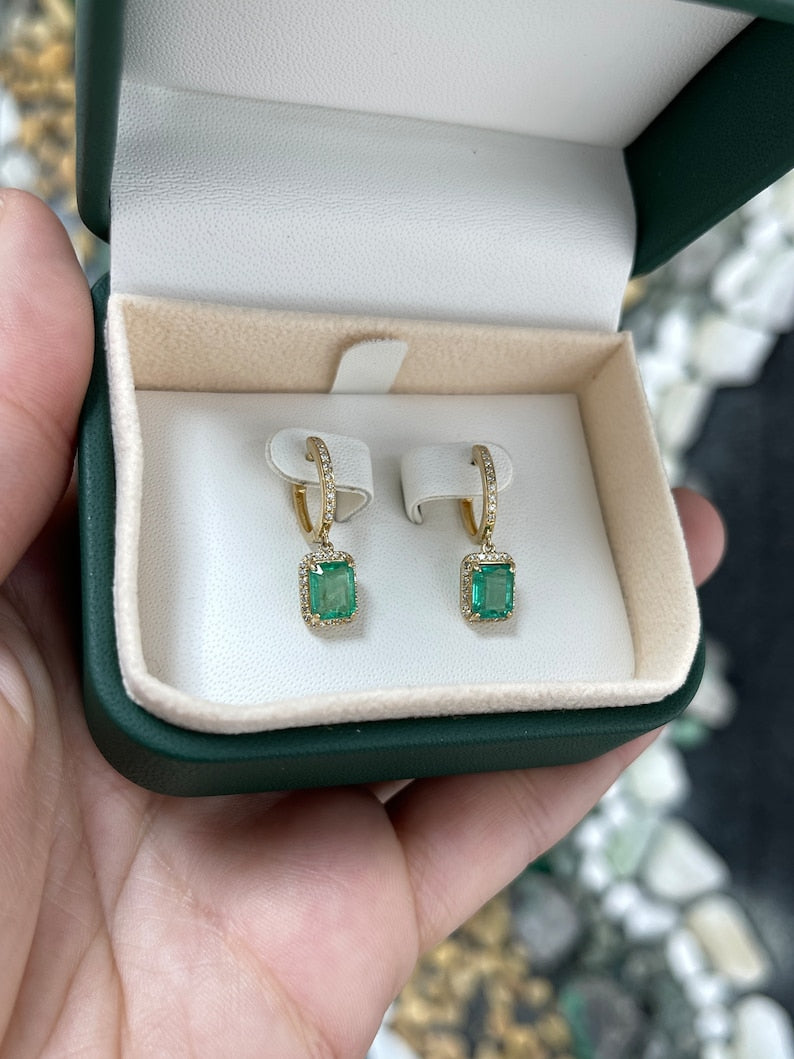 2.63 TCW Genuine Green Emerald & Diamond Halo Dangle Earrings in 14K Gold - Elegant Jewelry for Weddings, Parties & Special Occasions