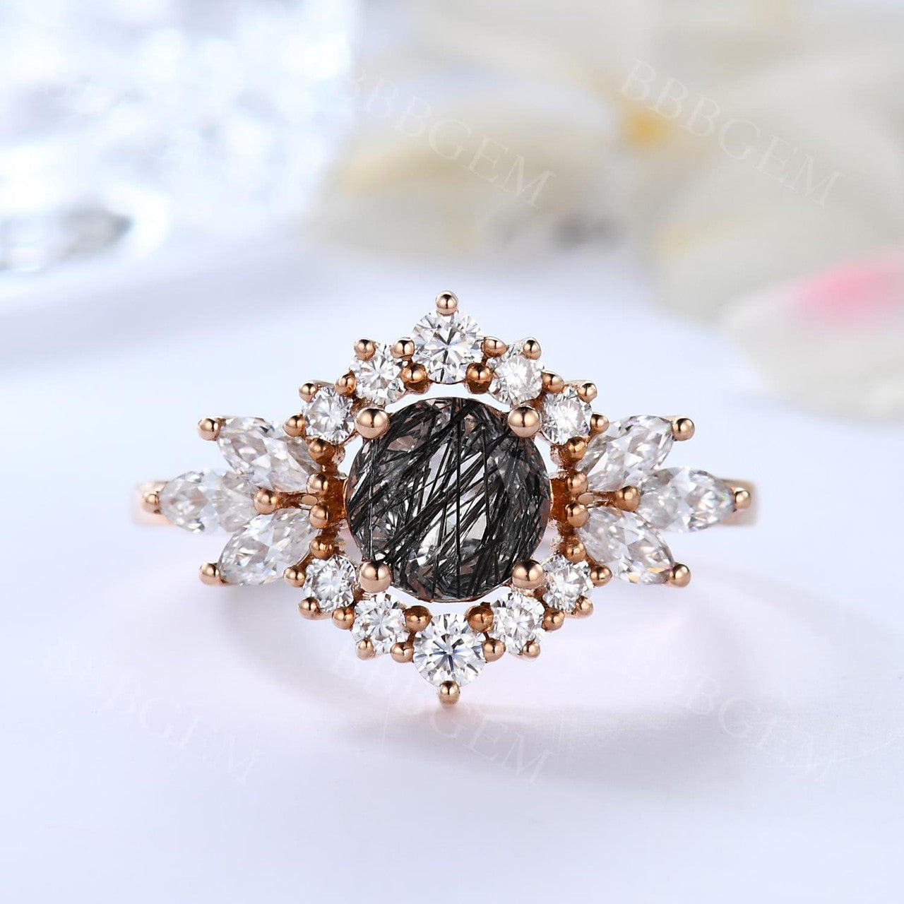 Oval Cut Black Rutilated Quartz Engagement Ring with Marquise Moissanite Halo - Elegant Wedding Band for Proposals, Anniversaries & Special Occasions