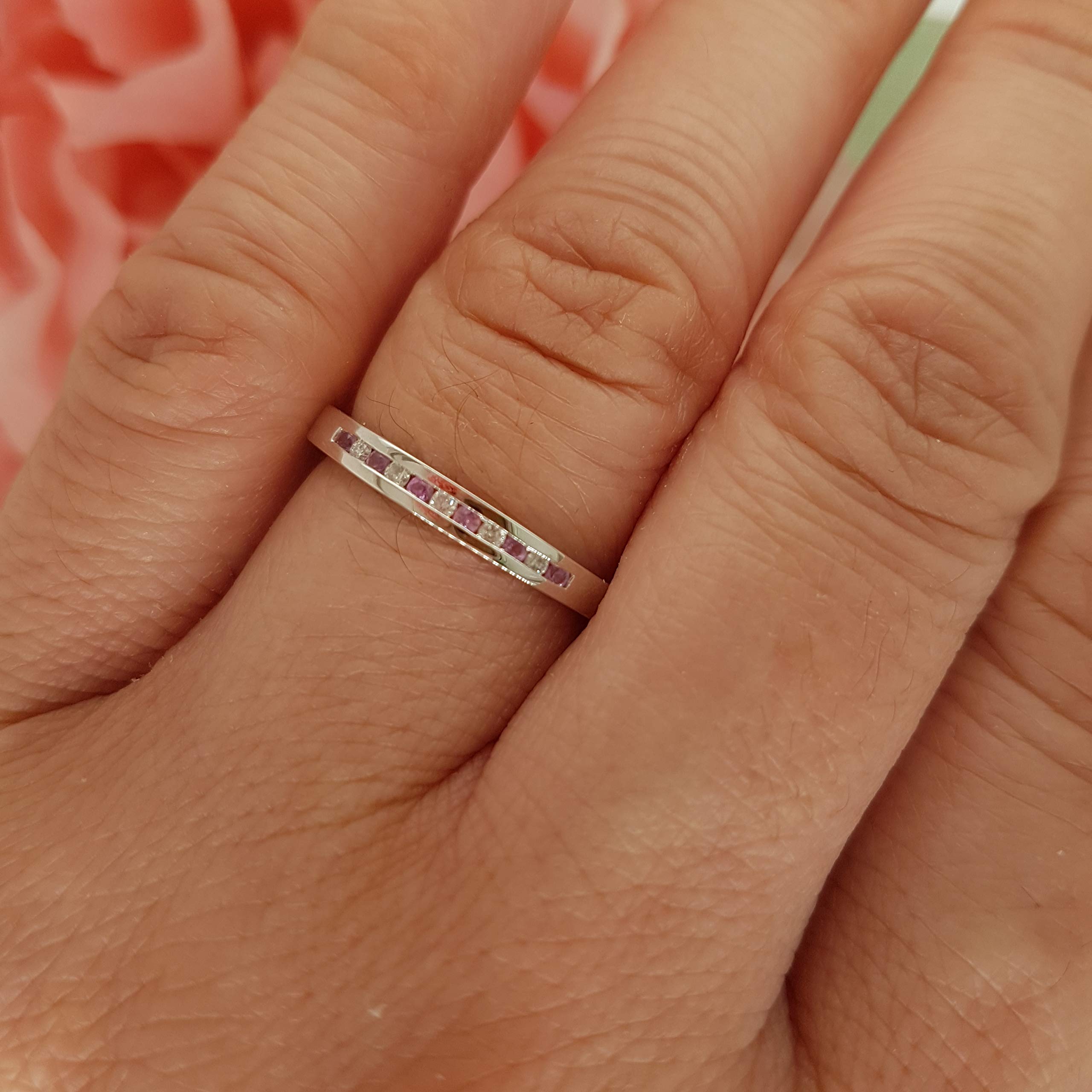 10K Solid Gold Round Pink Sapphire & White Diamond Women's Anniversary Wedding Band Stackable Ring - Perfect for Bridal Jewelry, Engagement Gifts & Special Occasions
