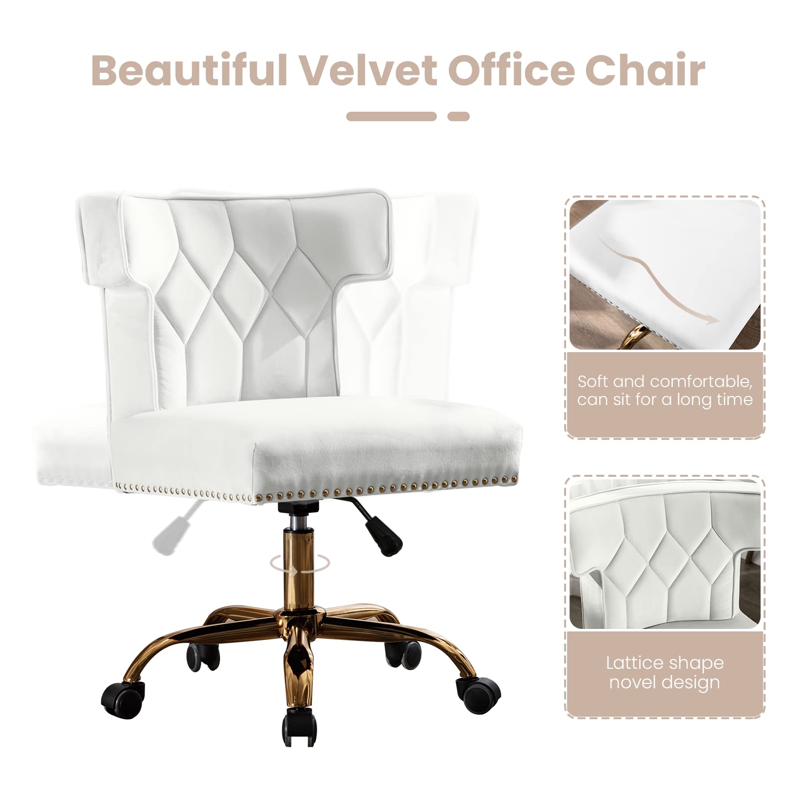 Premium Velvet Home Office Chair - Modern Adjustable Swivel Desk Chair with High Back Support, 360° Smooth Rolling Gold Wheels - Ergonomic Computer Chair for Living Room, Bedroom & Office Workspace (Beige) - Perfect for Remote Work, Gaming & Study Sessions
