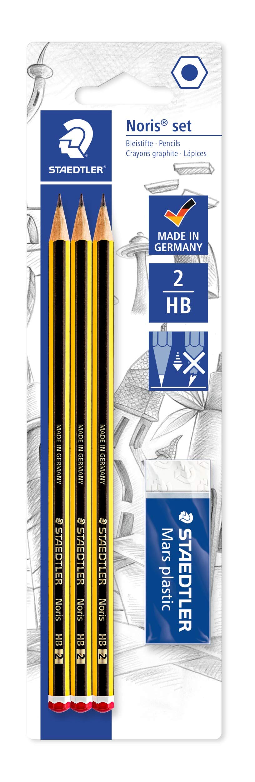 Staedtler 120 Noris Pencil Set - BK3D 3 Mars Plastic Erasers with Blister Card | Premium Graphite Drawing Pencils for Artists, Students & Sketching | Ideal for School, Office & Art Projects