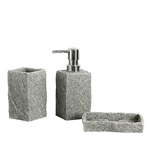 Premium 4-Piece Bathroom Accessories Set - Soap Dispenser, Toothbrush Holder, Soap Box & Cup in Elegant Gray Sand Granite - Modern Washroom & Kitchen Decor for Home, Hotel, Spa