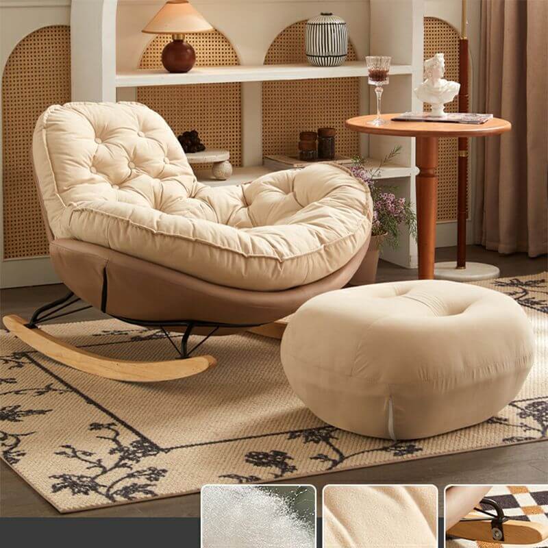 Modern Beige Upholstered Rocking Chair with Tufted Back and Solid Wood Legs - Comfortable Nursery Glider for Baby Room, Living Room or Bedroom - Perfect for Breastfeeding, Reading & Relaxing