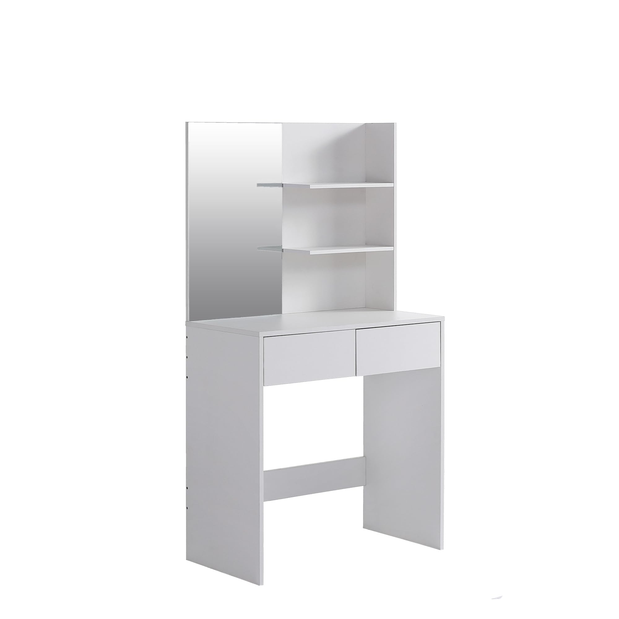 Modern Vanity Desk with Mirror, 2 Drawers & Open Shelves - Elegant Dressing Table for Bedroom in Antique White | Perfect Makeup Station & Jewelry Organizer for Women